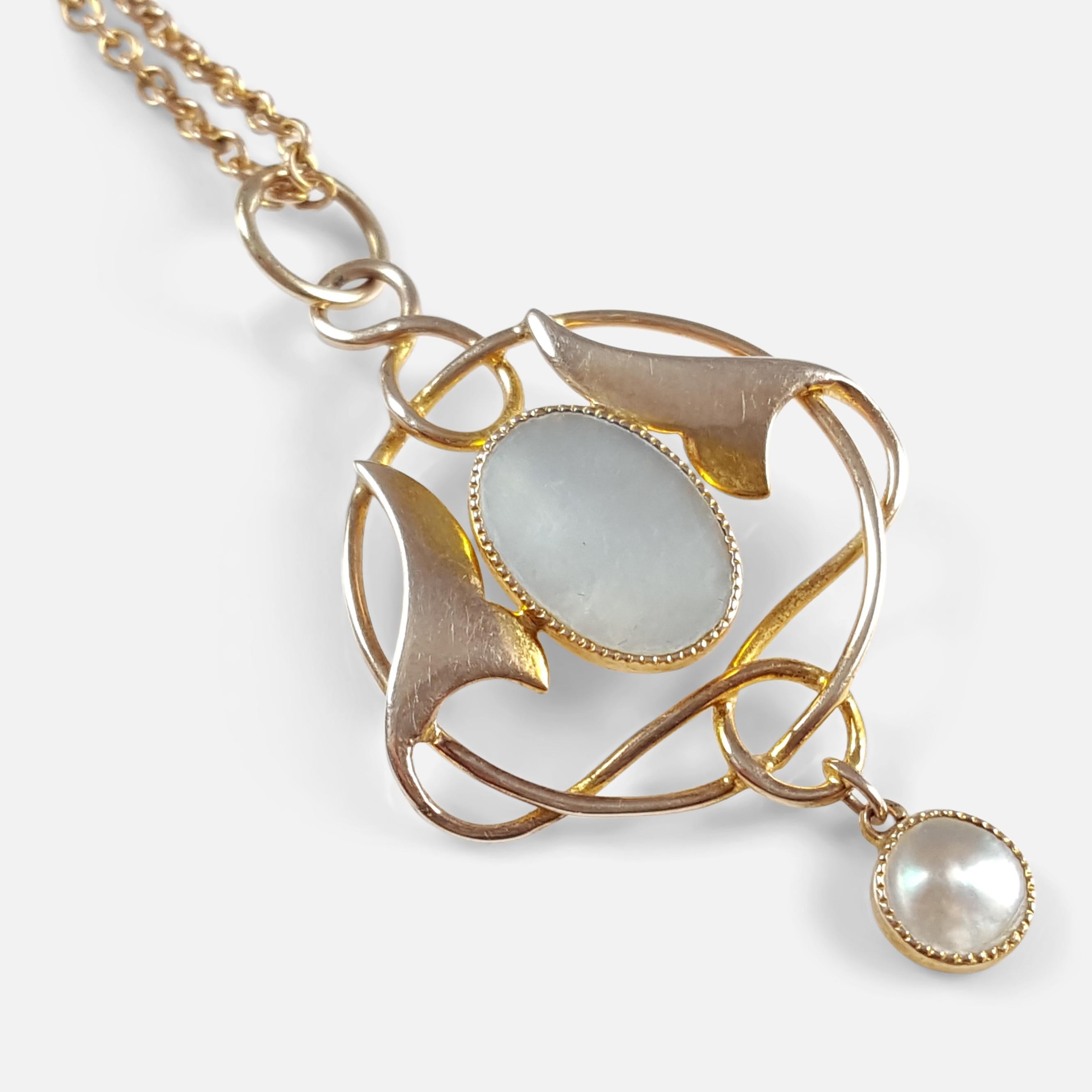 Women's Art Nouveau Murrle Bennett & Co 9 Karat Gold and Pearl Pendant with Chain