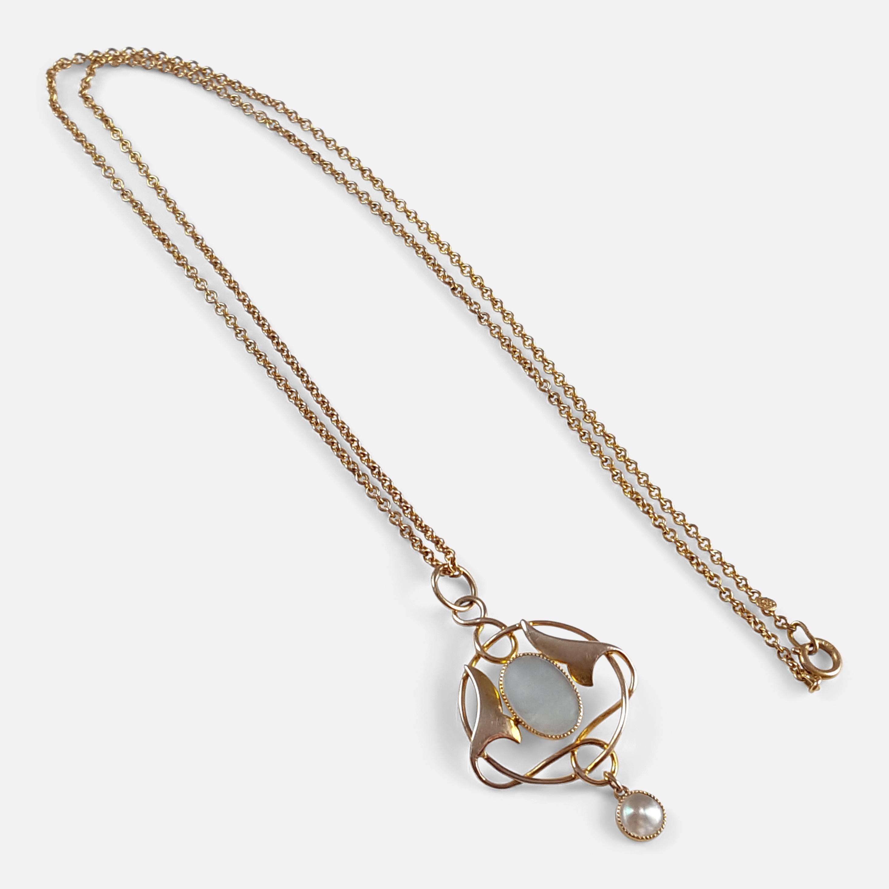 Art Nouveau Murrle Bennett & Co 9 Karat Gold and Pearl Pendant with Chain 1