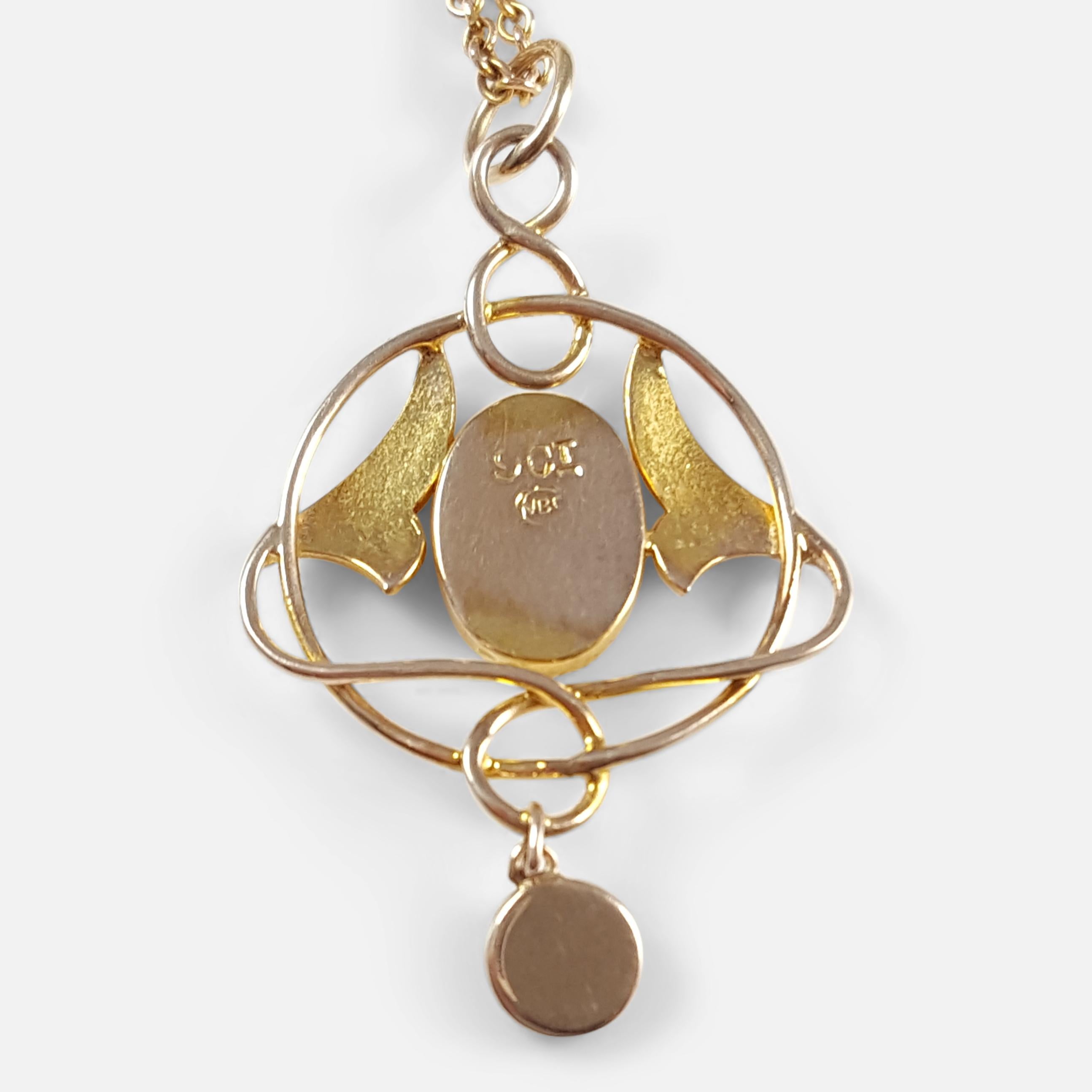 Art Nouveau Murrle Bennett & Co 9 Karat Gold and Pearl Pendant with Chain 2