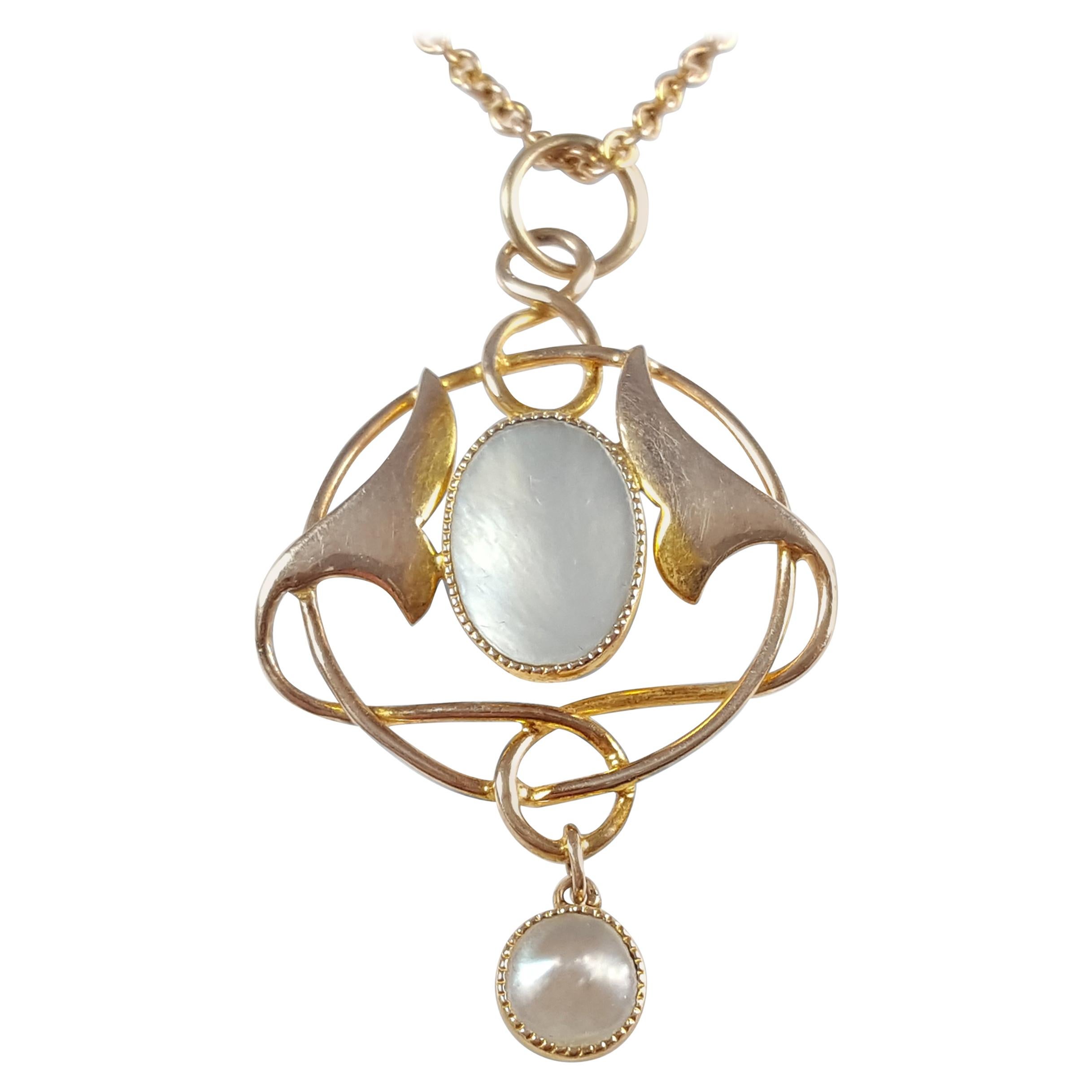 Art Nouveau Murrle Bennett & Co 9 Karat Gold and Pearl Pendant with Chain
