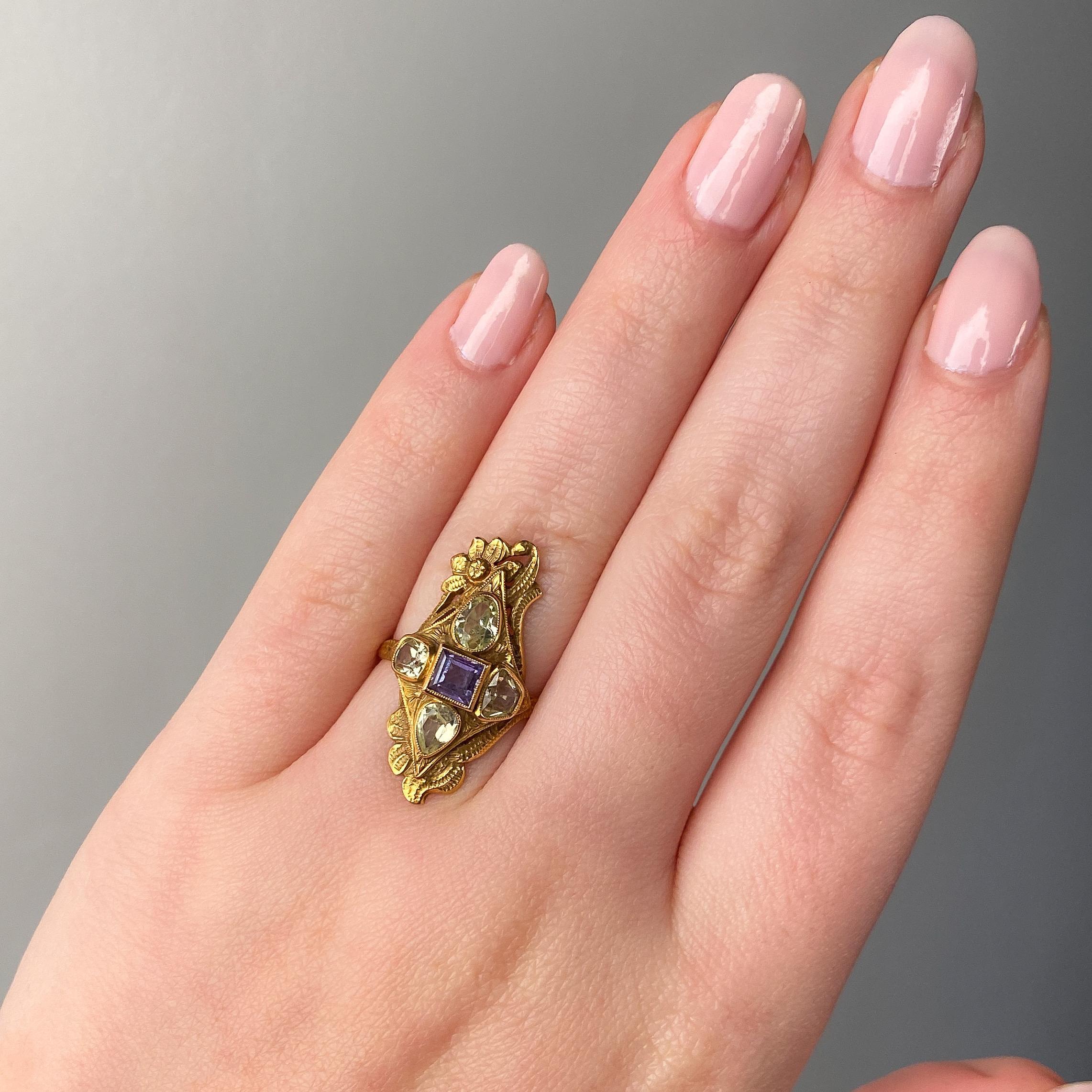 Anillo de Alejandrita Natural Art Nouveau de Oro de 10k - Certificado GIA en venta 5