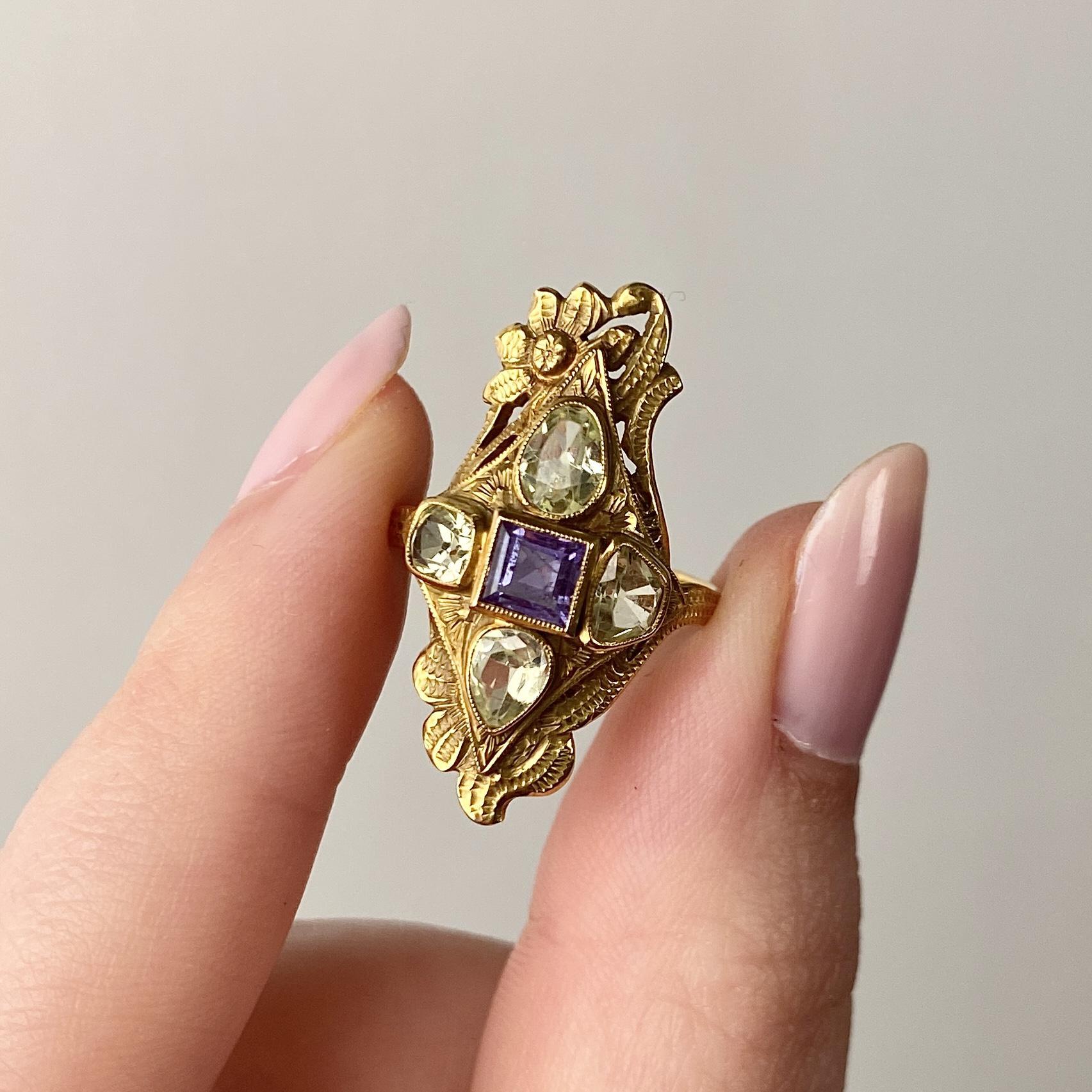 Anillo de Alejandrita Natural Art Nouveau de Oro de 10k - Certificado GIA en venta 8