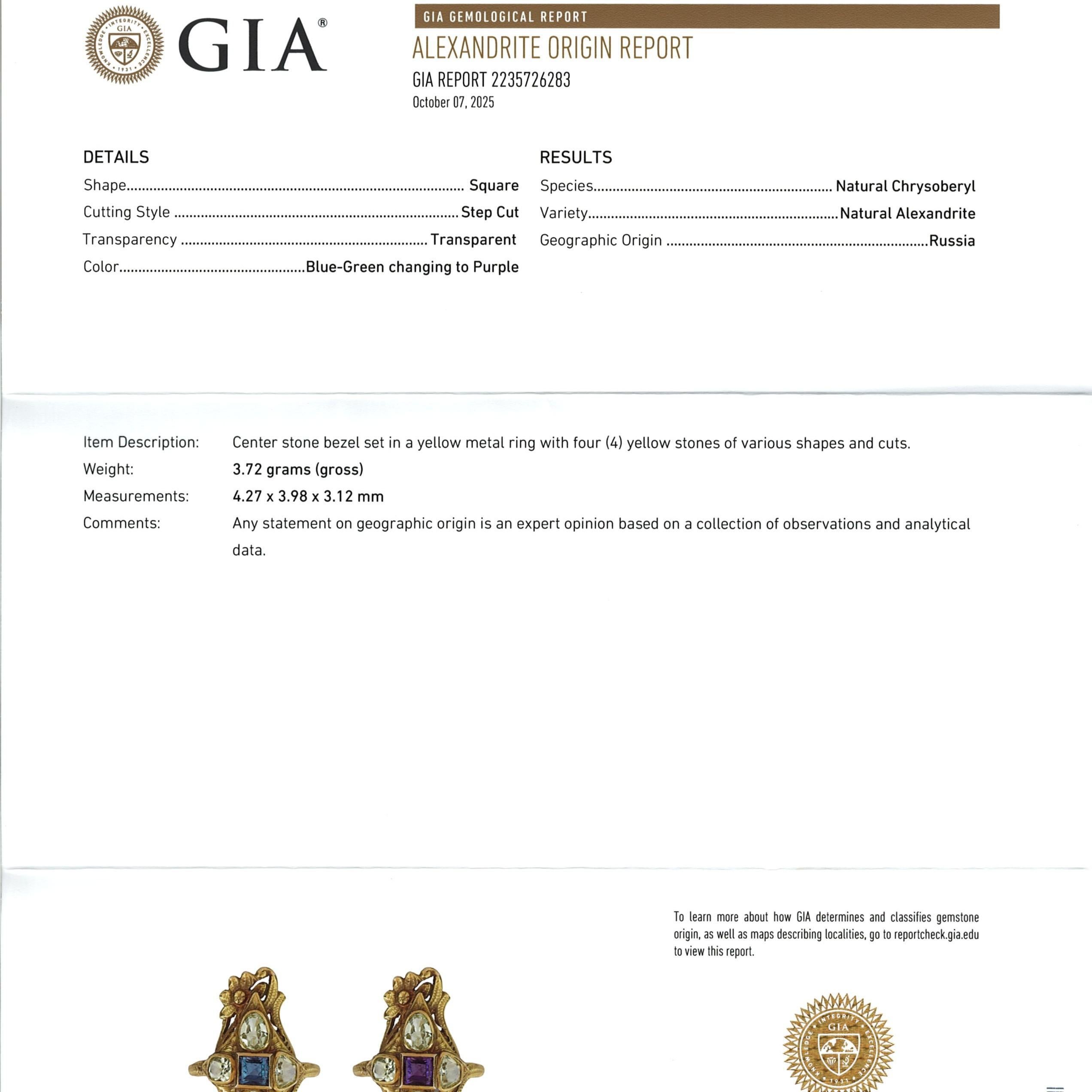 Anillo de Alejandrita Natural Art Nouveau de Oro de 10k - Certificado GIA en venta 4