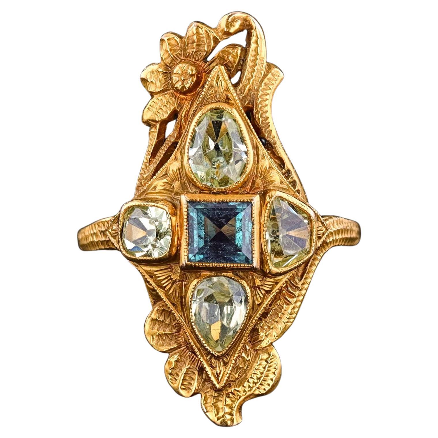 Anillo de Alejandrita Natural Art Nouveau de Oro de 10k - Certificado GIA en venta