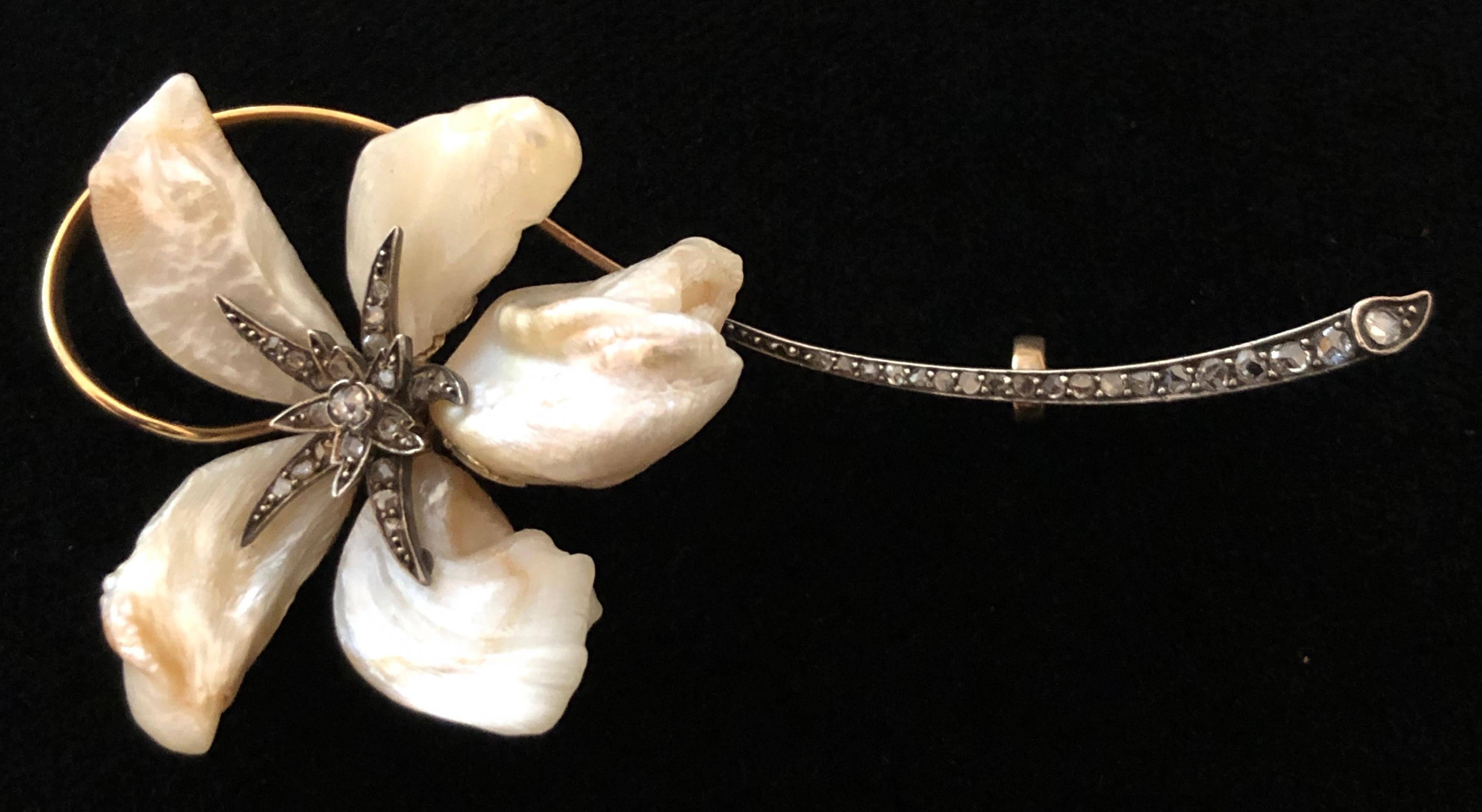 Art Nouveau Natural Baroque Pearl Diamond Silver Gold Brooch 1