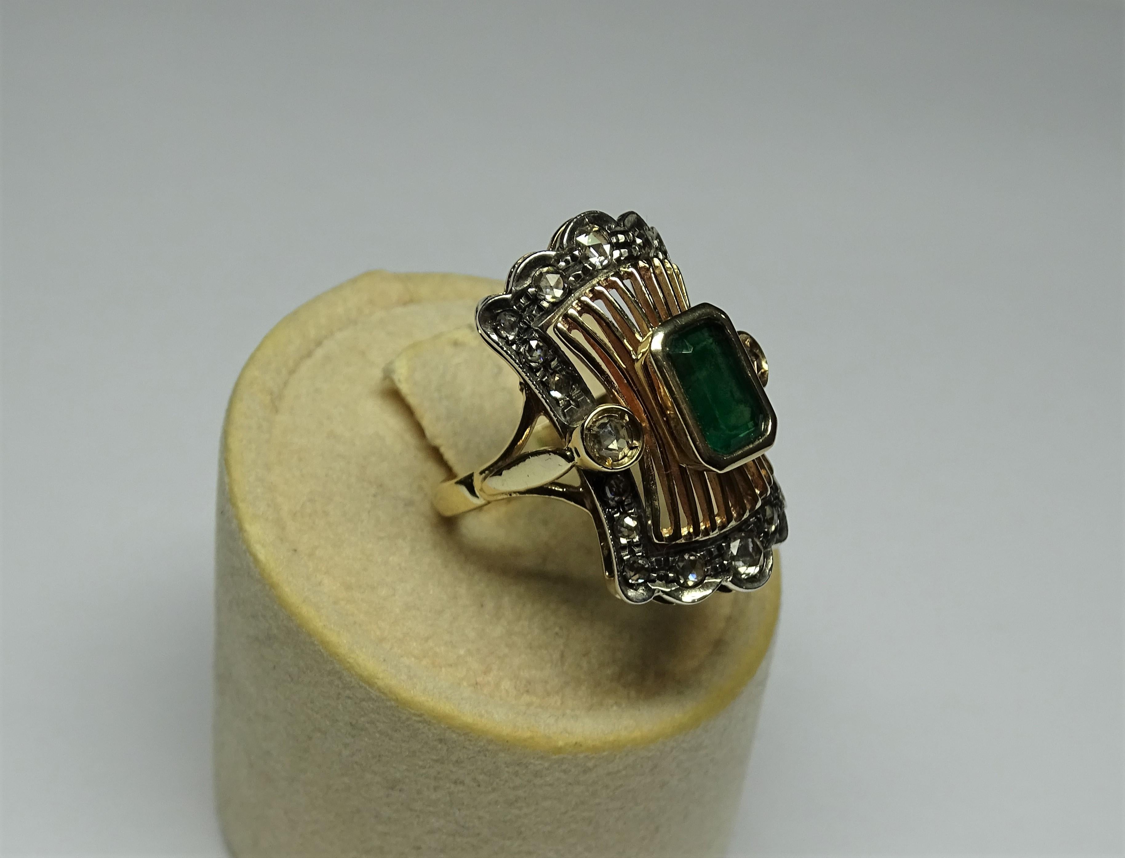 Emerald Cut Art Nouveau Natural Emerald Rose Cut Diamonds 14 Karat Yellow Gold Ring For Sale