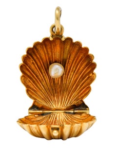 Art Nouveau Natural Freshwater Pearl 14 Karat Gold Clam Shell Locket Charm