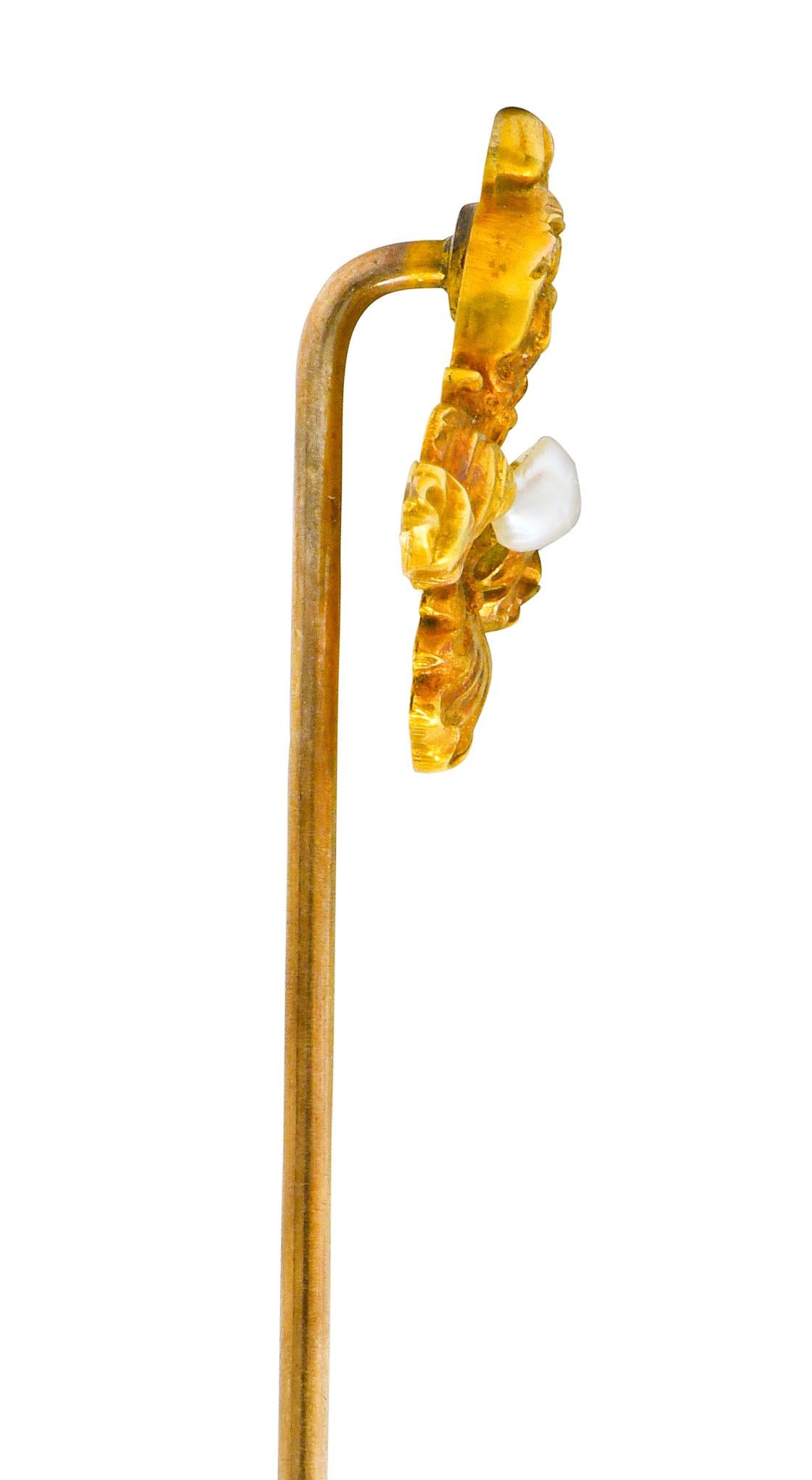 Art Nouveau Natural Freshwater Pearl 14 Karat Gold Foliate Green Man Stickpin For Sale 1
