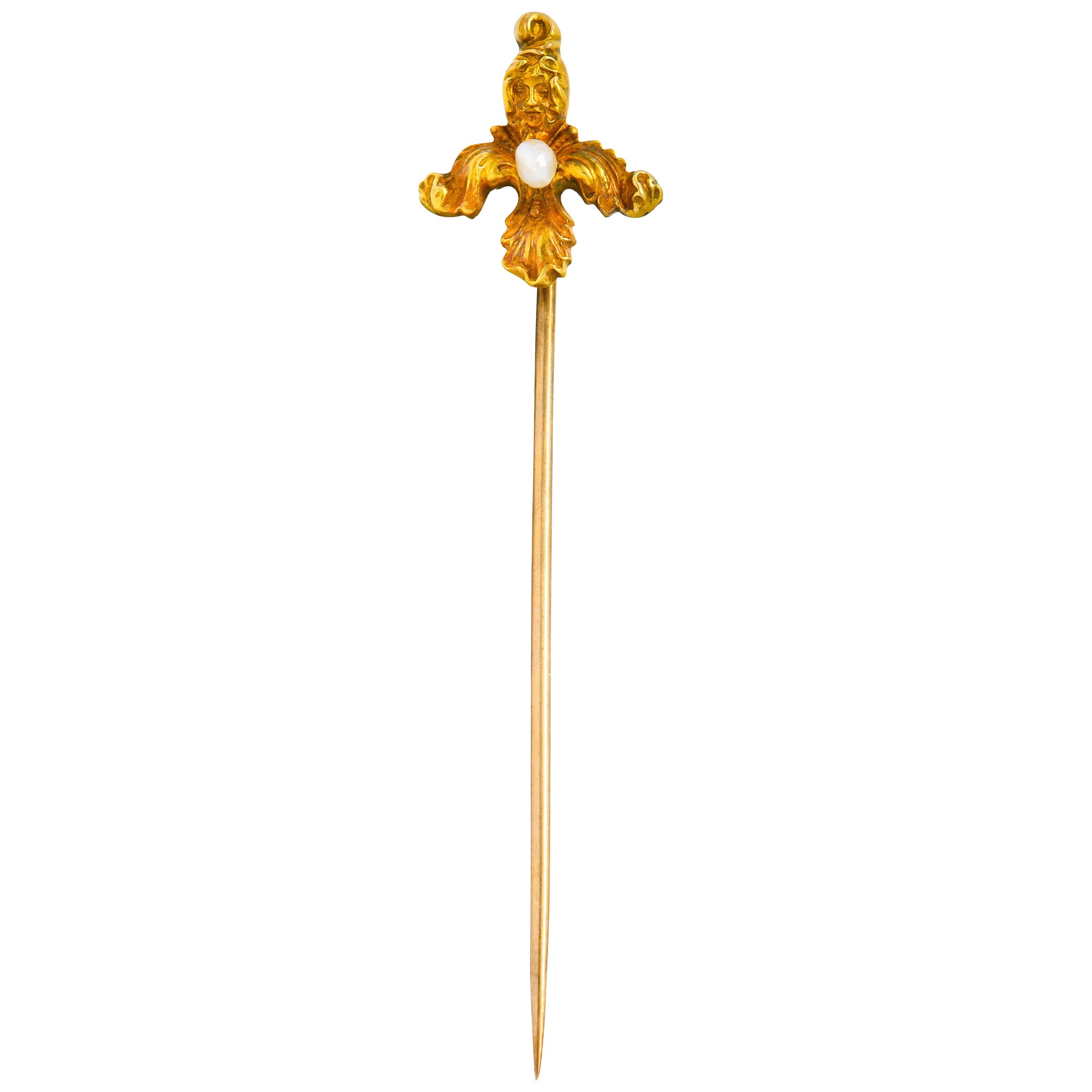 Art Nouveau Natural Freshwater Pearl 14 Karat Gold Foliate Green Man Stickpin