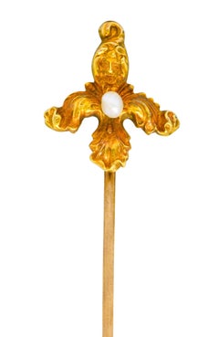 Art Nouveau Natural Freshwater Pearl 14 Karat Gold Foliate Green Man Stickpin