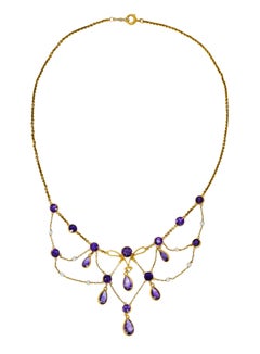Art Nouveau Natural Freshwater Pearl Amethyst 14 Karat Gold Swag Necklace