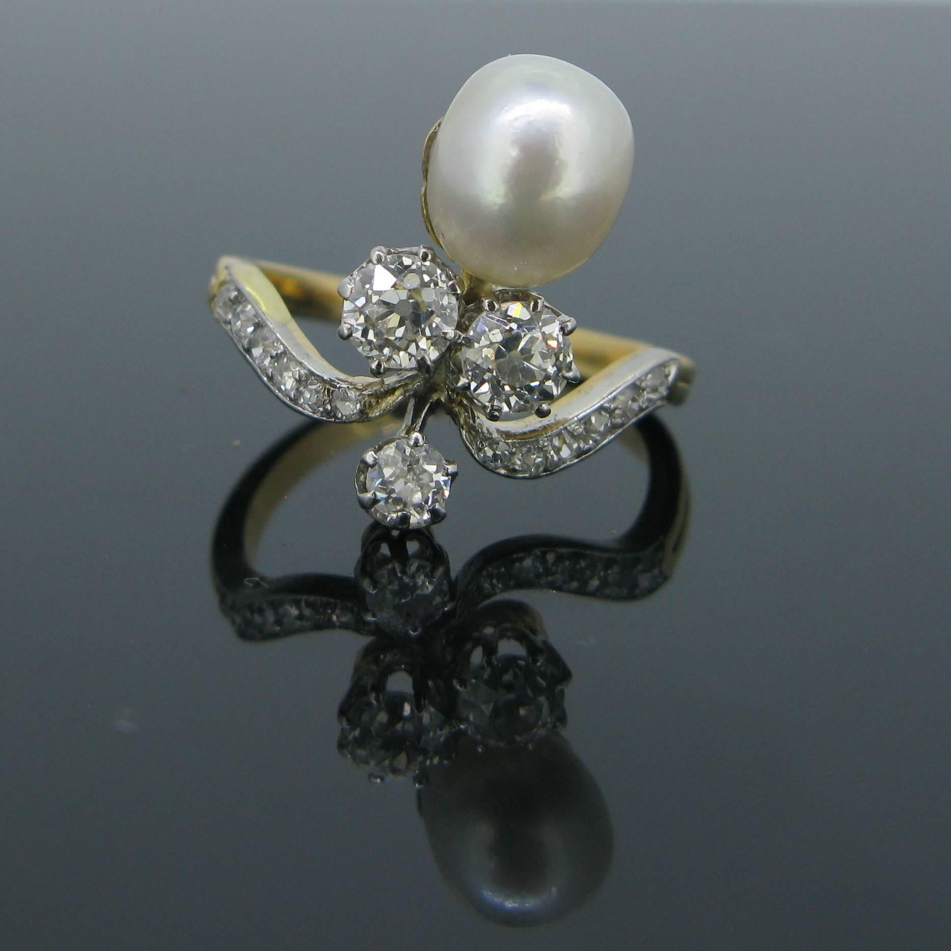 Art Nouveau Natural Pearl Diamond Duchess Platinum Engagement Ring 3