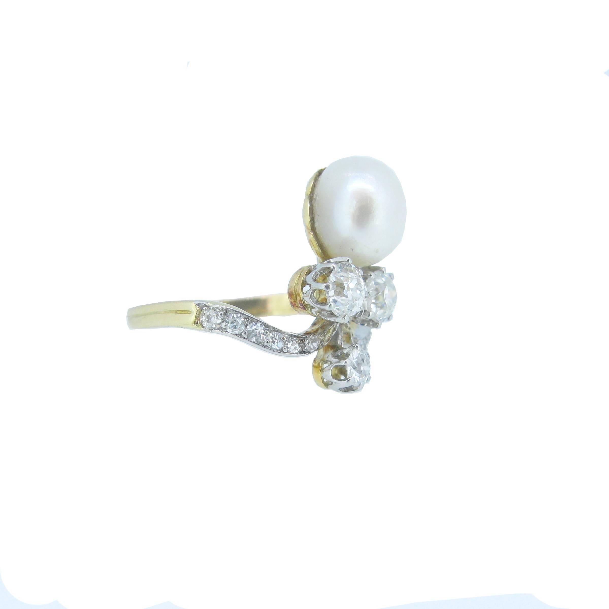 Art Nouveau Natural Pearl Diamond Duchess Platinum Engagement Ring In New Condition In London, GB