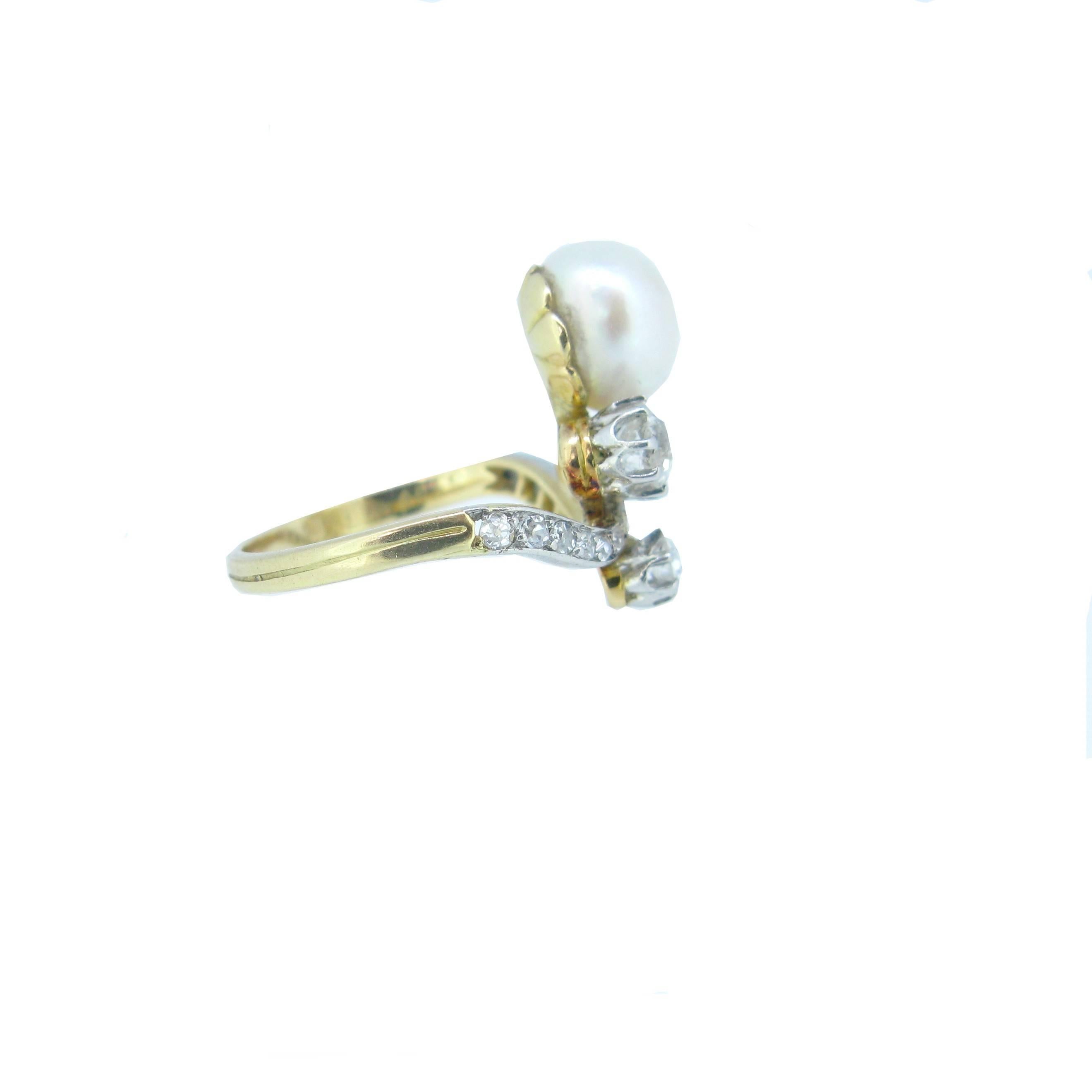 Women's or Men's Art Nouveau Natural Pearl Diamond Duchess Platinum Engagement Ring