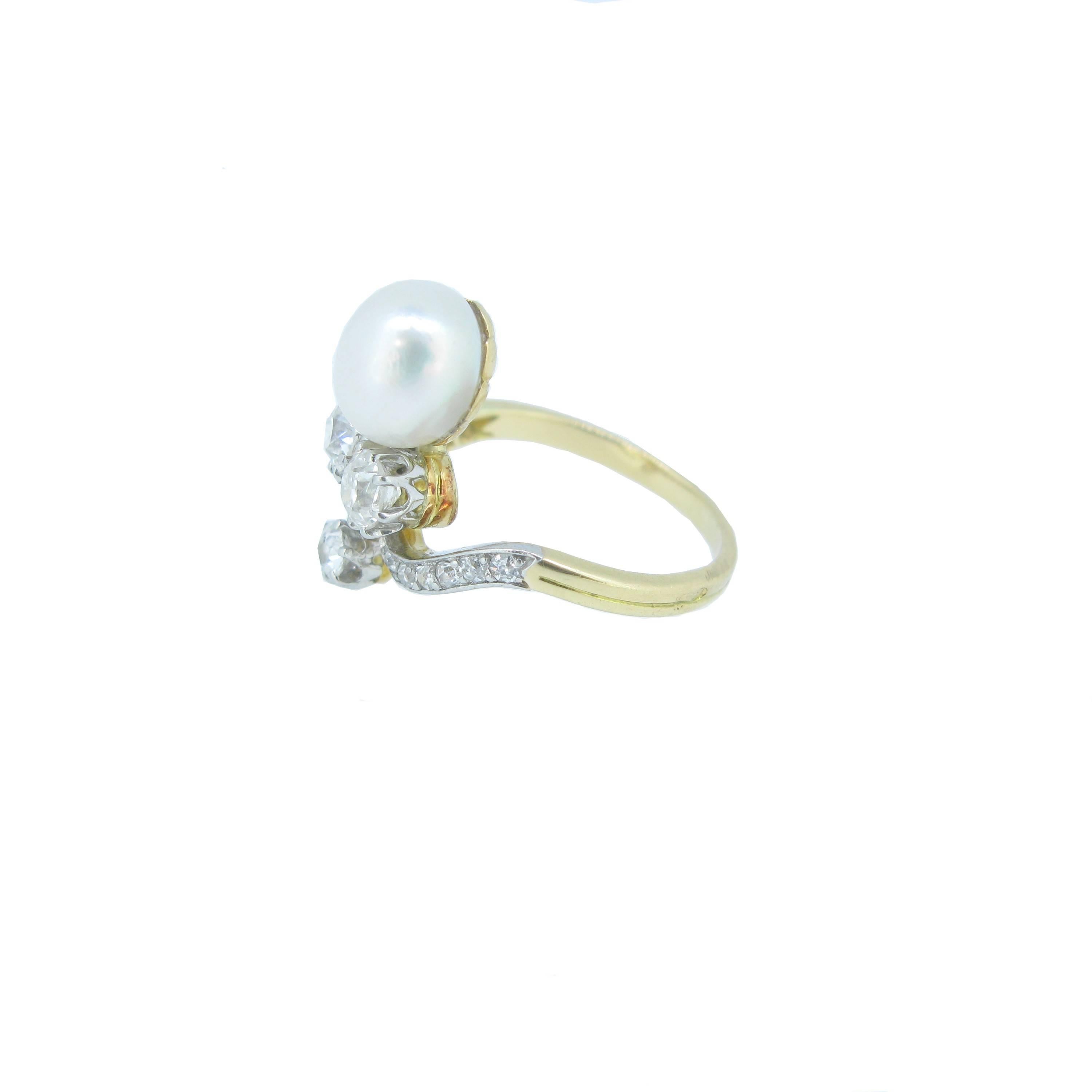 Art Nouveau Natural Pearl Diamond Duchess Platinum Engagement Ring 2