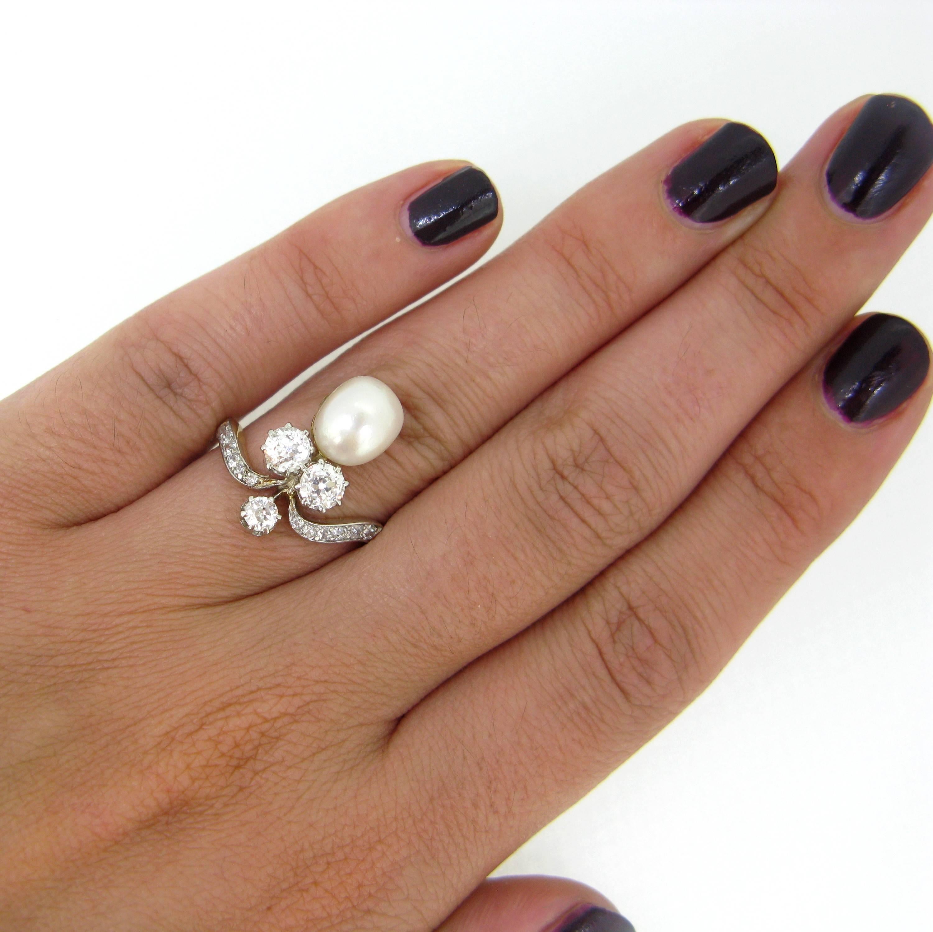 Art Nouveau Natural Pearl Diamond Duchess Platinum Engagement Ring 4