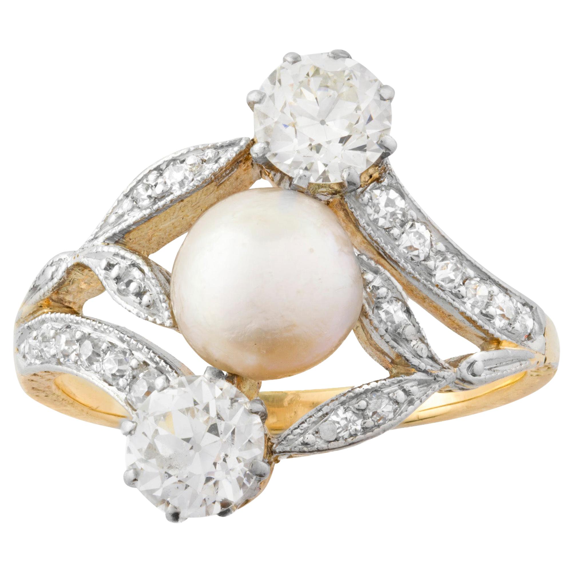 Jugendstil Ring mit natürlicher Perle und Diamant