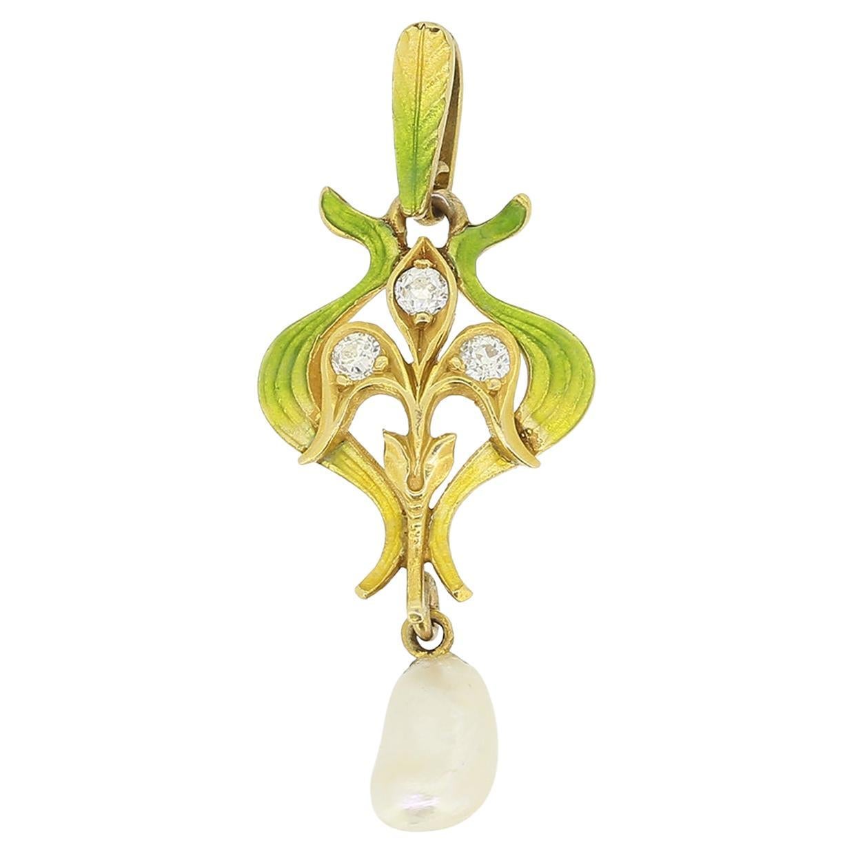 Art Nouveau Natural Pearl Diamond and Enamel Pendant