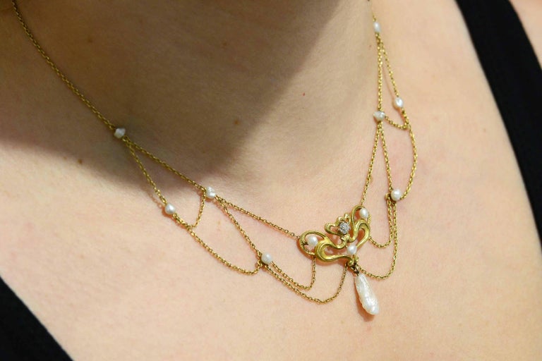 Art Nouveau Natural Pearl and Diamond Lavalier Necklace For Sale at 1stDibs