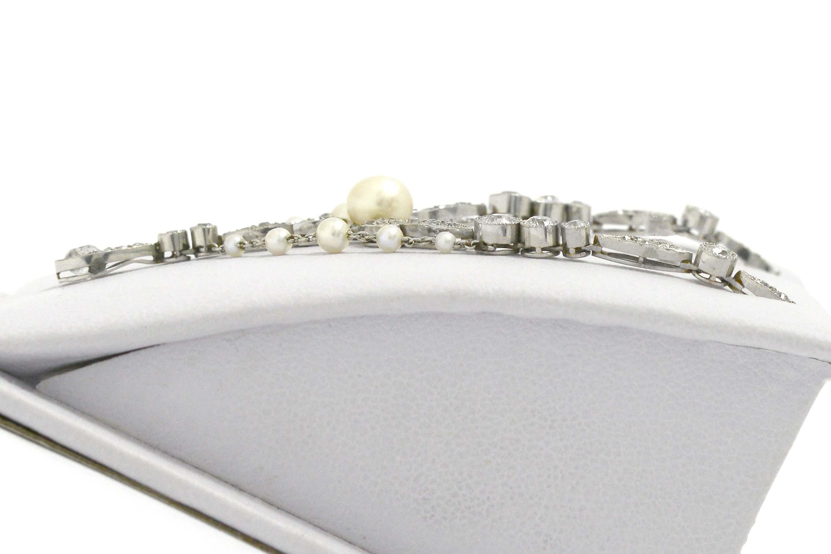 Round Cut Art Nouveau Natural Pearl Diamond Negligee Necklace Lavalier Bib Style Antique