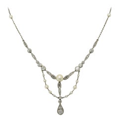 Art Nouveau Natural Pearl Diamond Negligee Necklace Lavalier Bib Style Antique