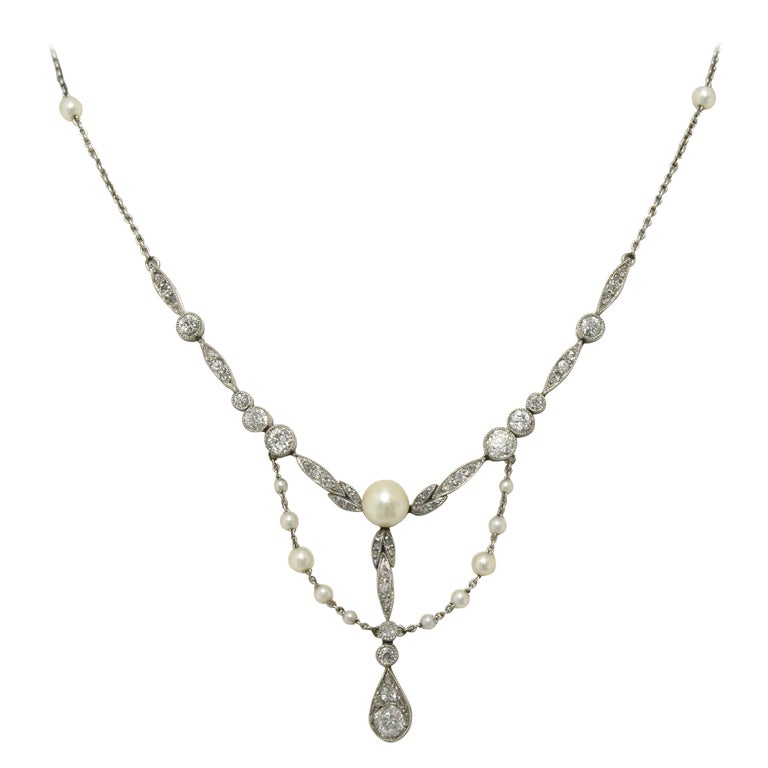Art Nouveau Natural Pearl Diamond Negligee Necklace Lavalier Bib Style ...