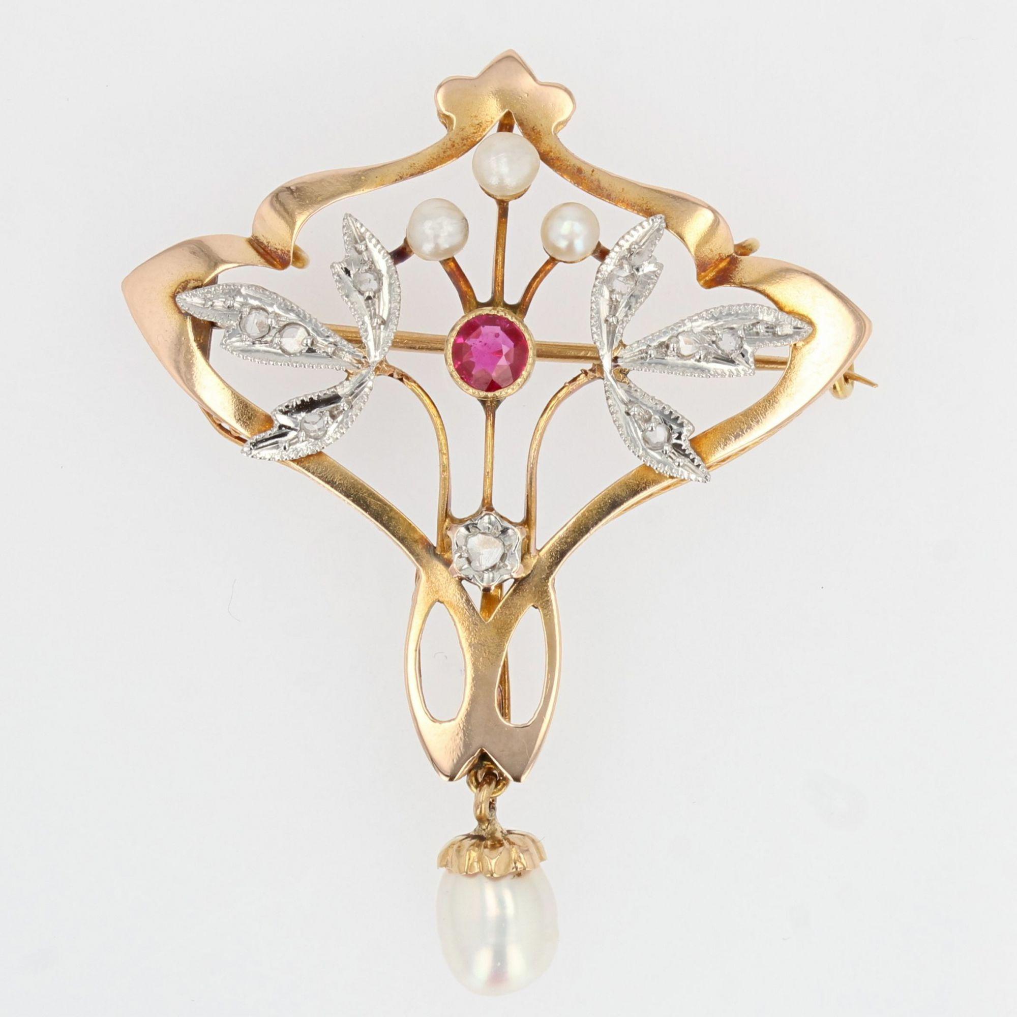 Art Nouveau Natural Pearl Diamond Ruby 18 Karat Yellow Gold Pendant, Brooch 11