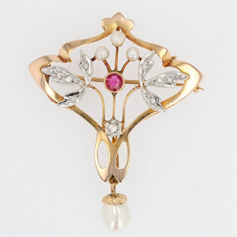 Art Nouveau Natural Pearl Diamond Ruby 18 Karat Yellow Gold Pendant, Brooch For Sale 11