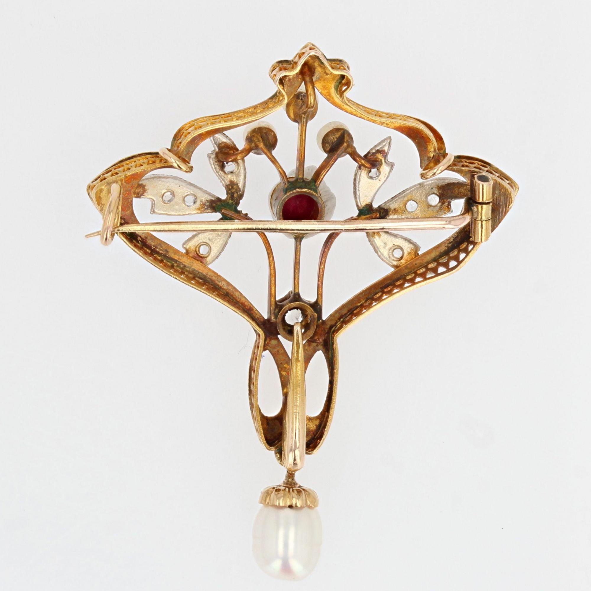 Art Nouveau Natural Pearl Diamond Ruby 18 Karat Yellow Gold Pendant, Brooch 12