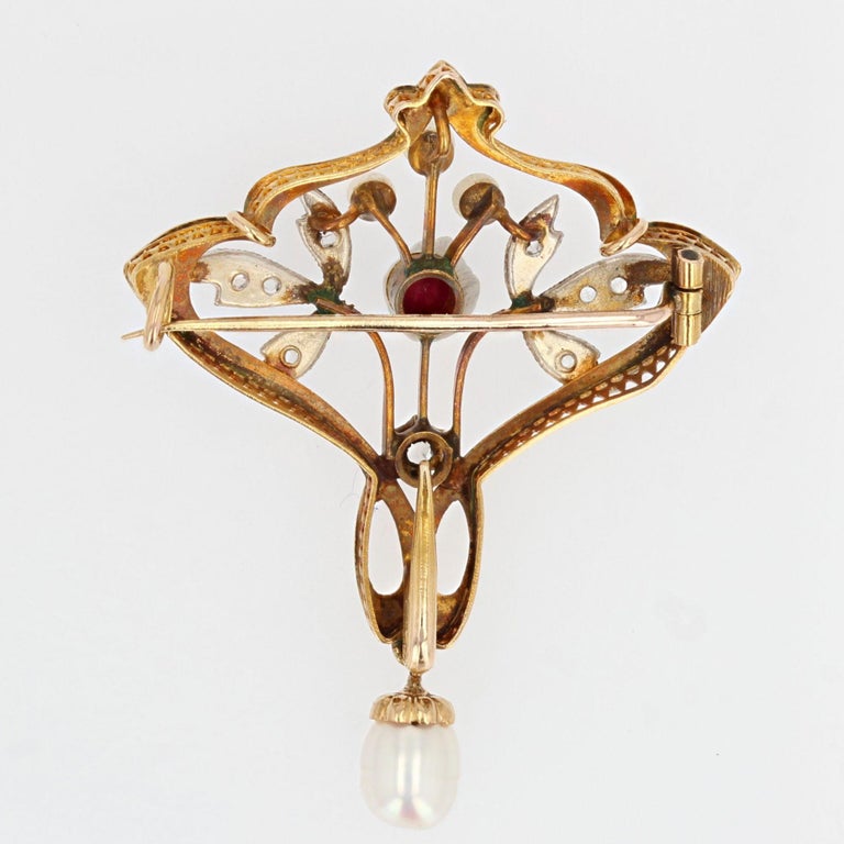 Art Nouveau Natural Pearl Diamond Ruby 18 Karat Yellow Gold Pendant, Brooch For Sale 12