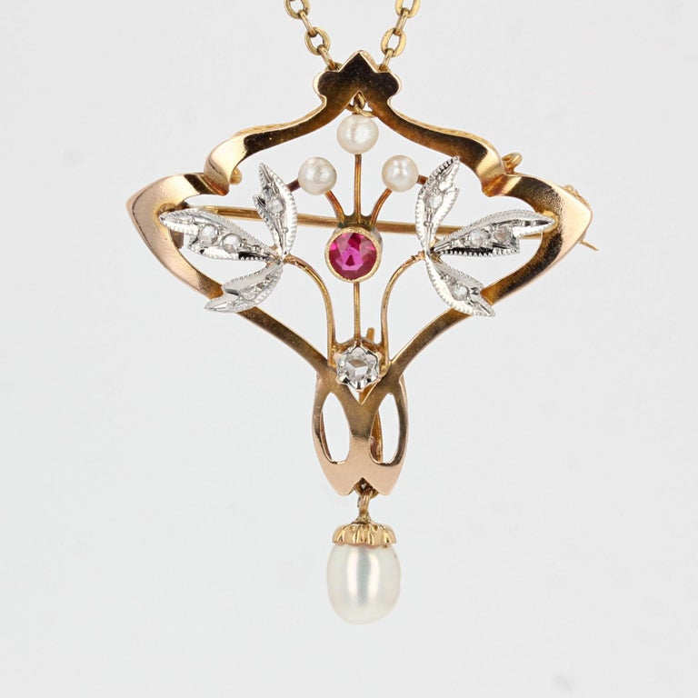 Rose Cut Art Nouveau Natural Pearl Diamond Ruby 18 Karat Yellow Gold Pendant, Brooch For Sale