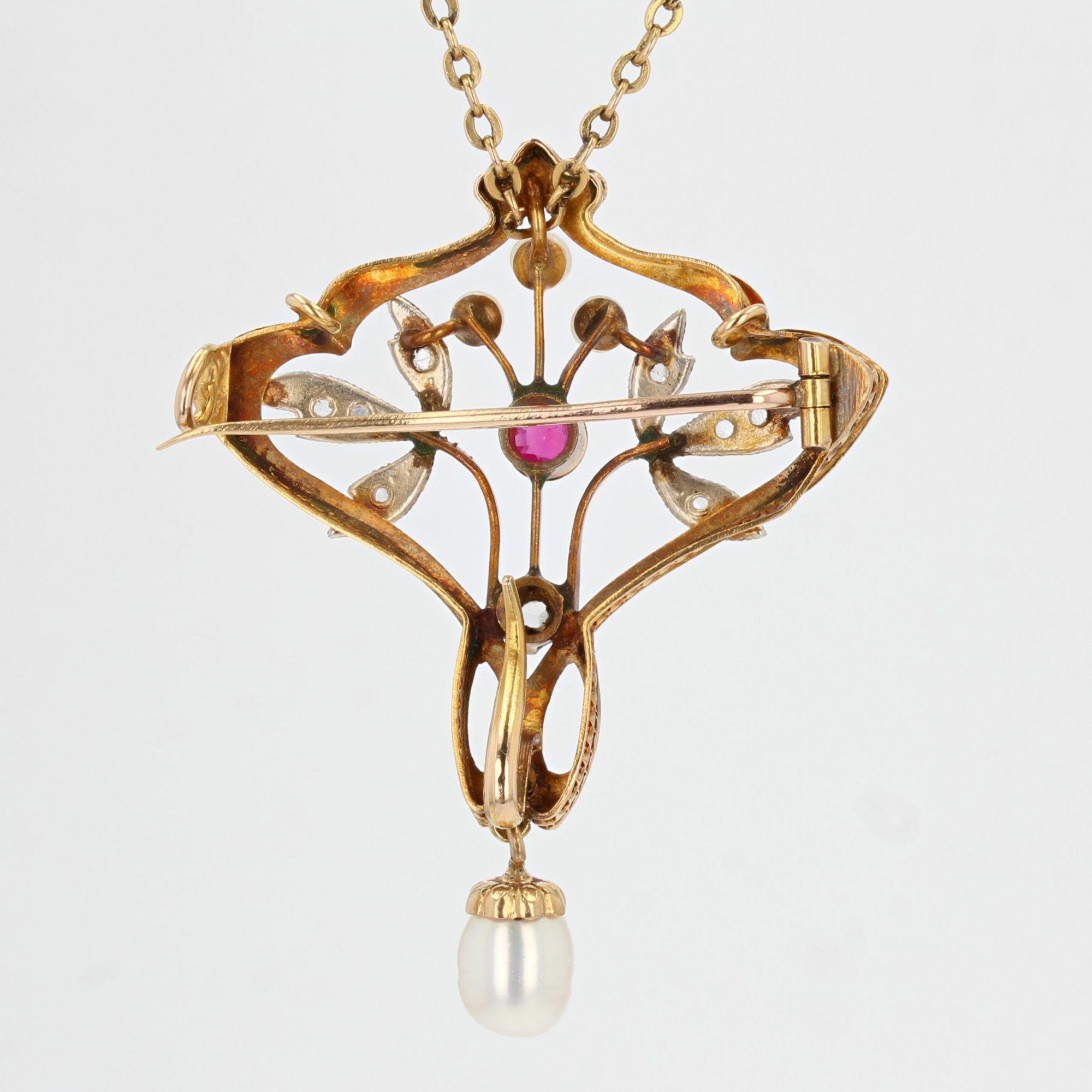 Art Nouveau Natural Pearl Diamond Ruby 18 Karat Yellow Gold Pendant, Brooch 1