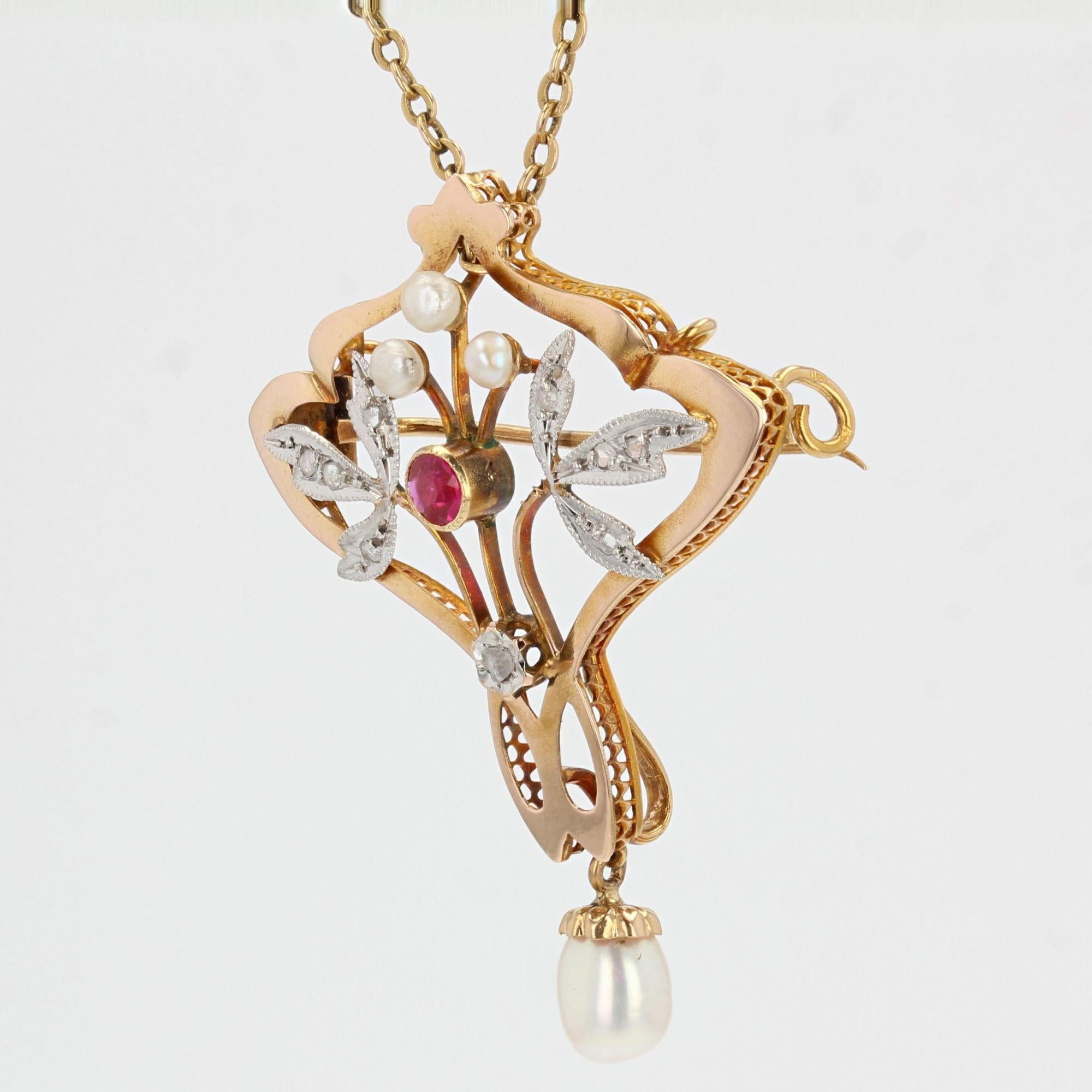 Art Nouveau Natural Pearl Diamond Ruby 18 Karat Yellow Gold Pendant, Brooch 2