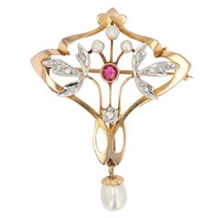 Antique Art Nouveau Natural Pearl Diamond Ruby 18 Karat Yellow Gold Pendant, Brooch