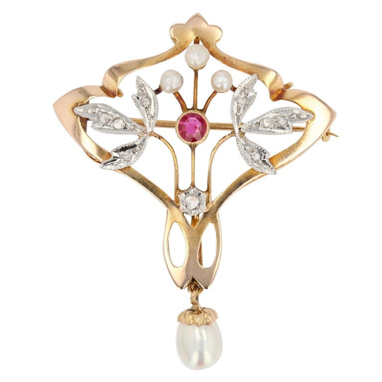 Art Nouveau Natural Pearl Diamond Ruby 18 Karat Yellow Gold Pendant, Brooch For Sale