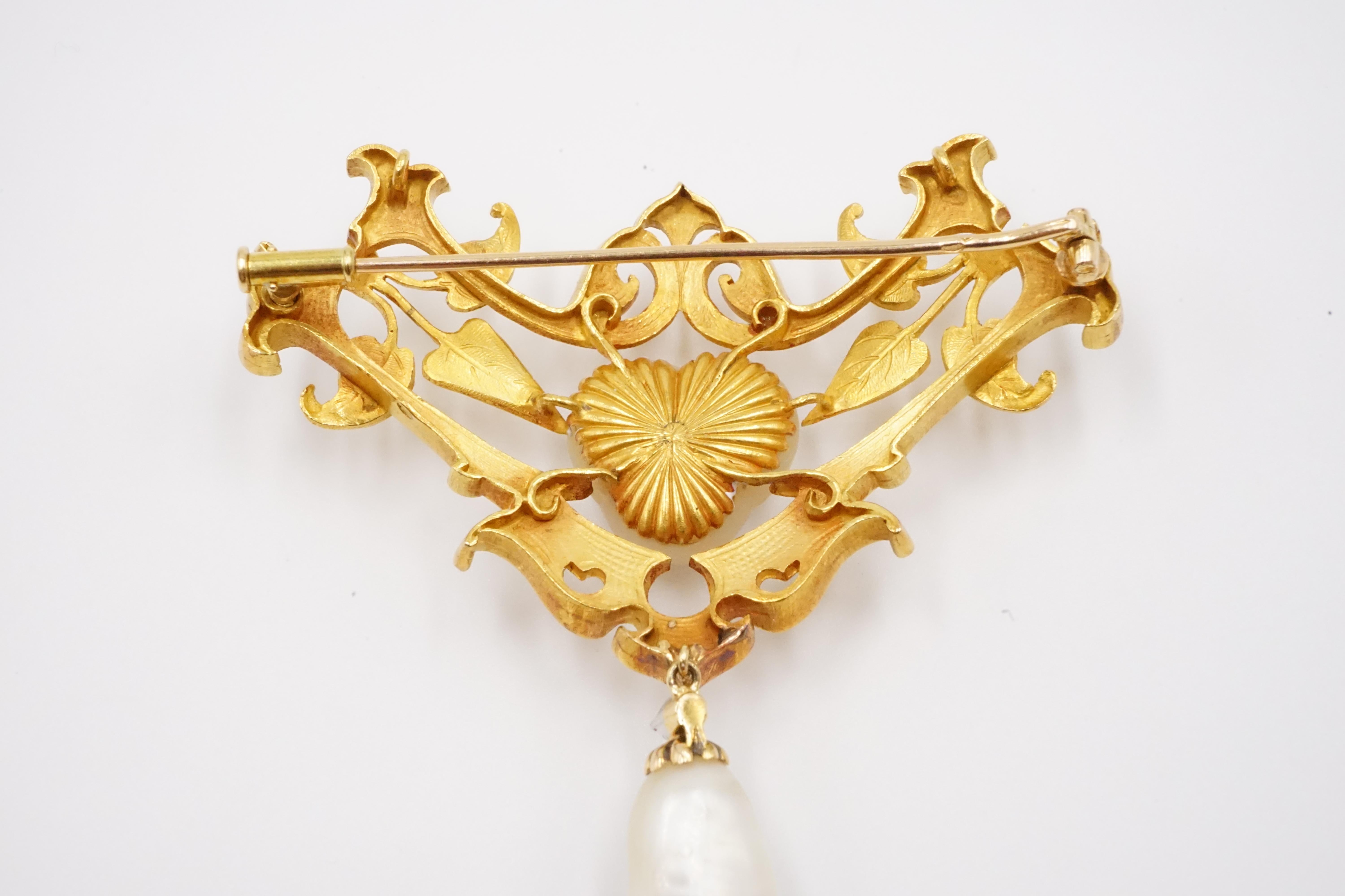 Brilliant Cut Art Nouveau Natural Pearl, Gold and Diamond Brooch with Certificates