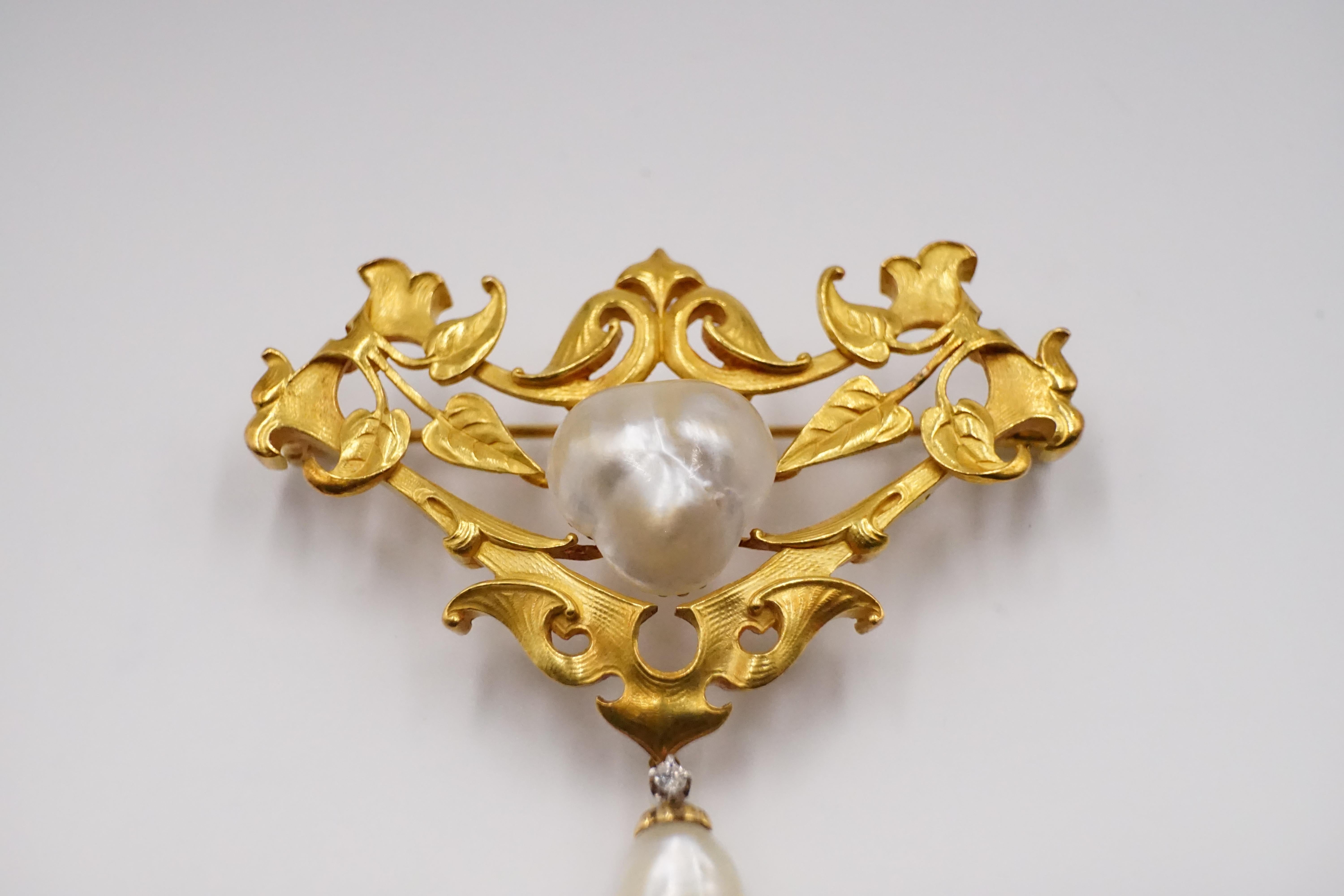 Art Nouveau Natural Pearl, Gold and Diamond Brooch with Certificates 1