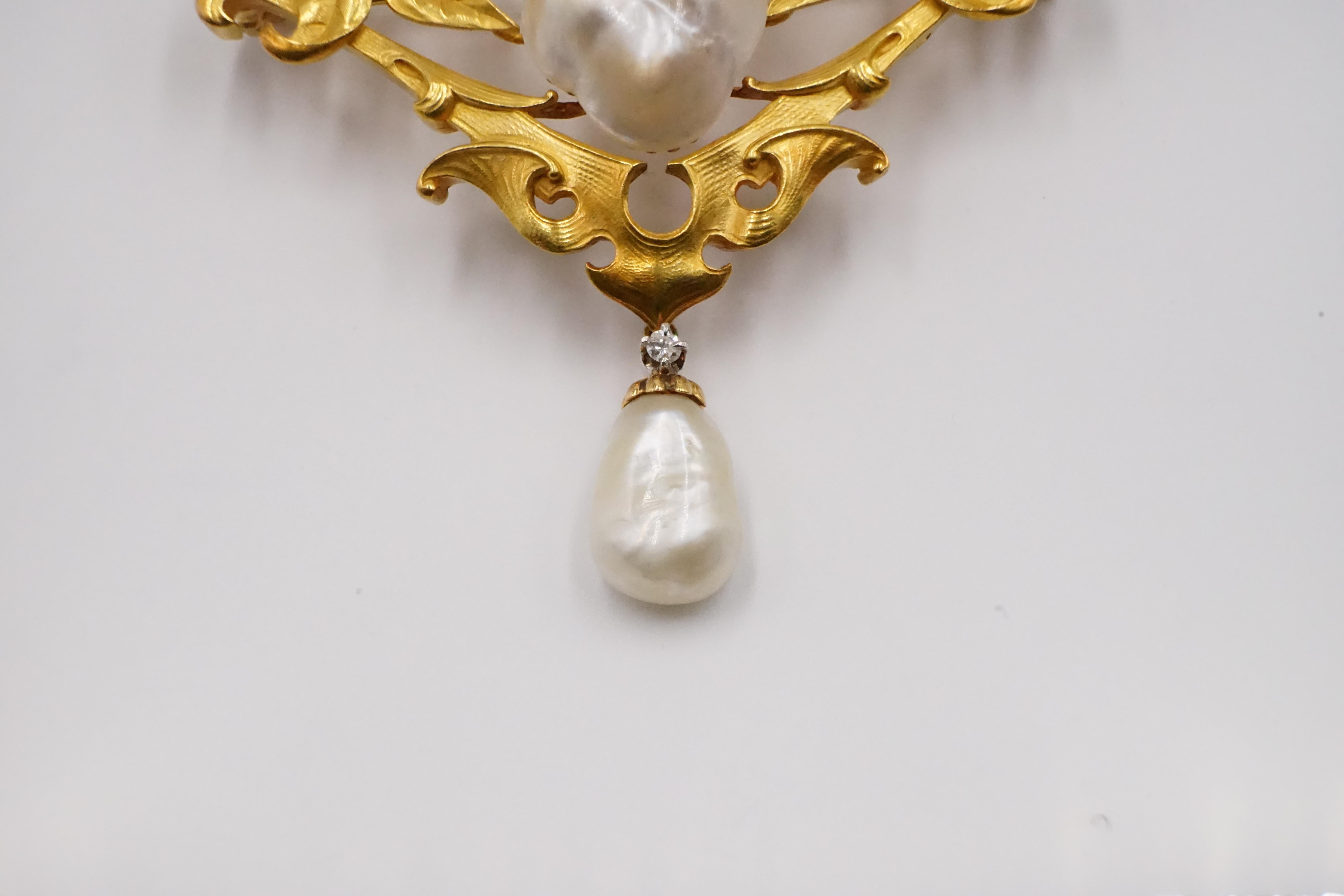 Art Nouveau Natural Pearl, Gold and Diamond Brooch with Certificates 2