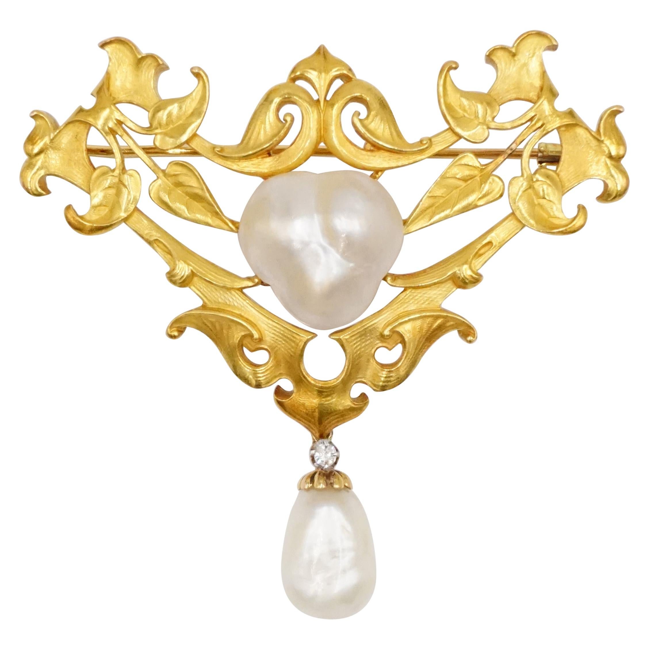 Art Nouveau Natural Pearl, Gold and Diamond Brooch with Certificates