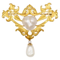 Art Nouveau Natural Pearl, Gold and Diamond Brooch with Certificates