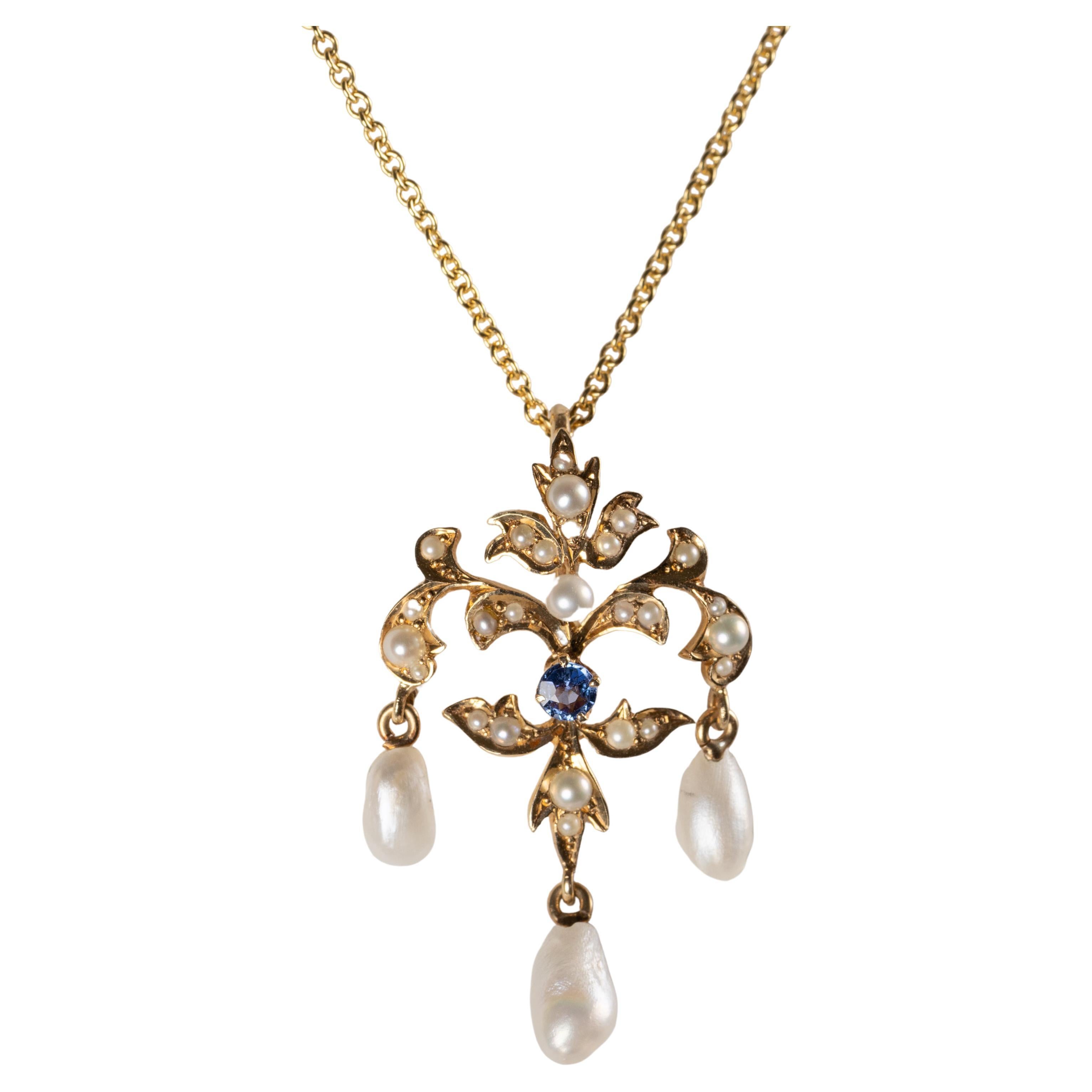 Art Nouveau Natural Pearl & Yogo Montana Sapphire Pendant Certified Untreated For Sale