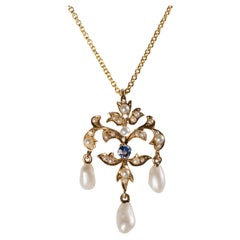 Art Nouveau Natural Pearl & Yogo Montana Sapphire Pendant Certified Untreated