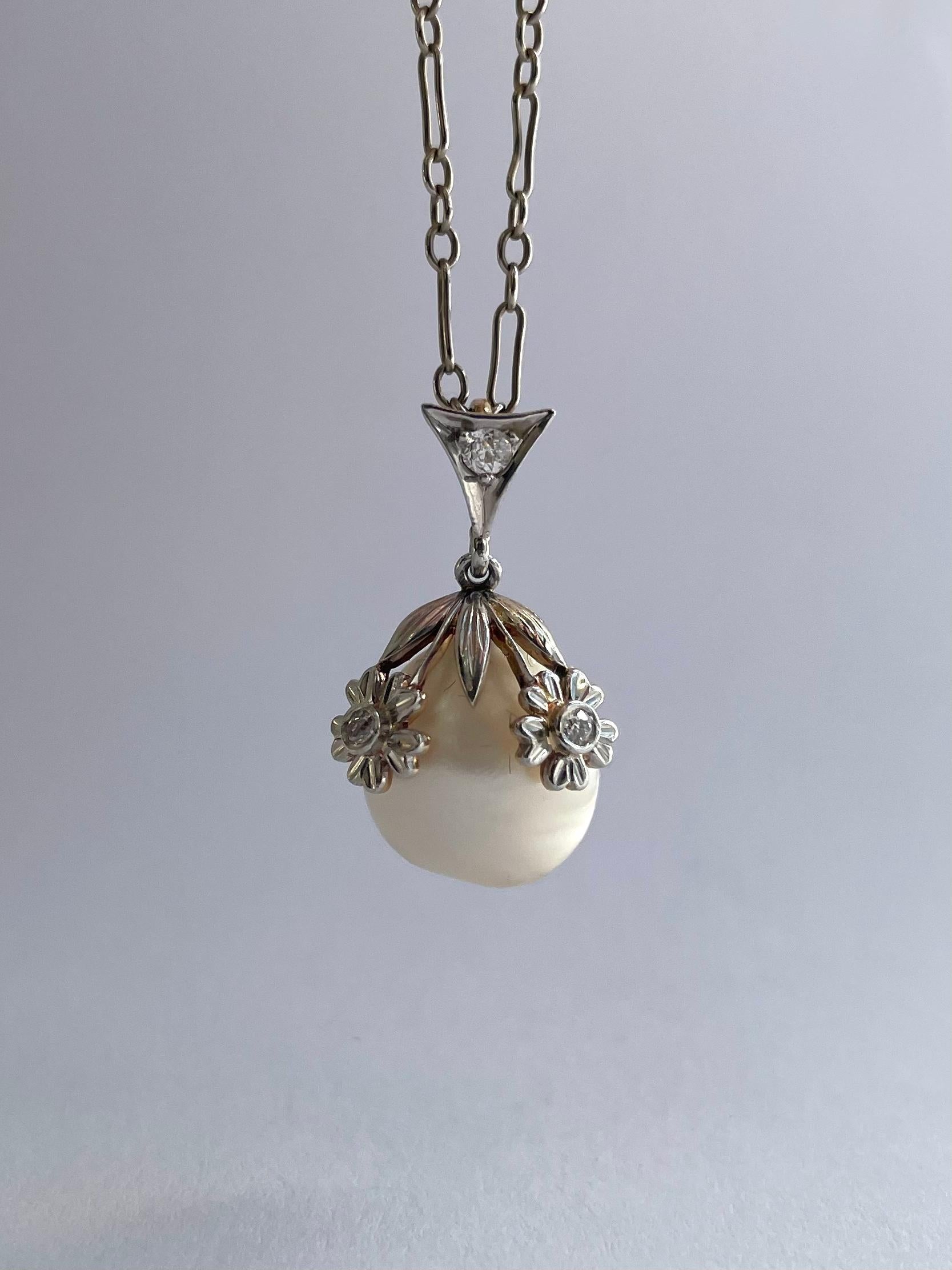 Old Mine Cut Art Nouveau Natural River Pearl & Diamond Flower Pendant in Platinum For Sale
