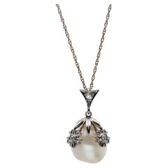 Antique Art Nouveau Natural River Pearl & Diamond Flower Pendant in Platinum