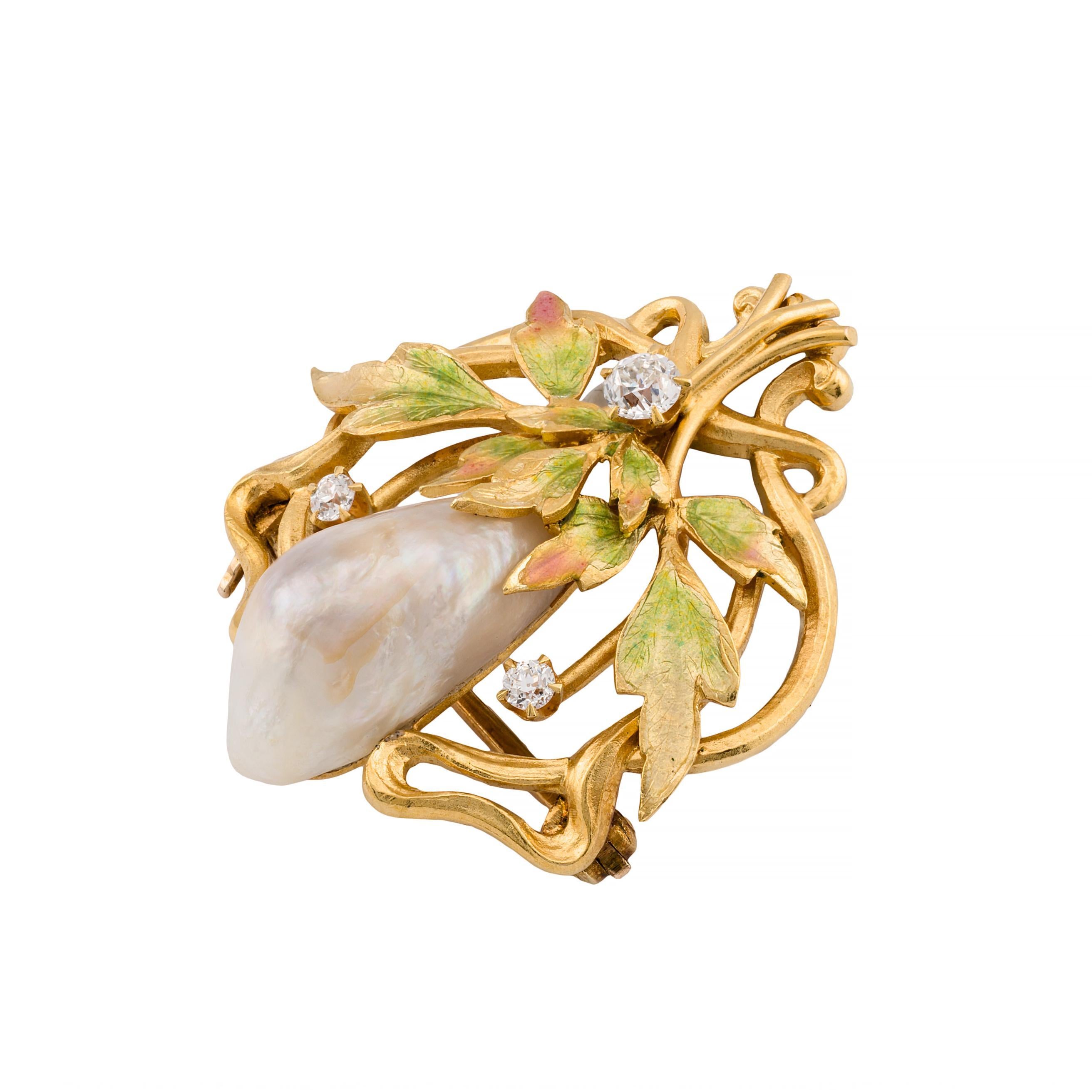 Art Nouveau Nouveau Natural River Pearl Enamel & Mine Cut Diamond Foliate Motif Brooch