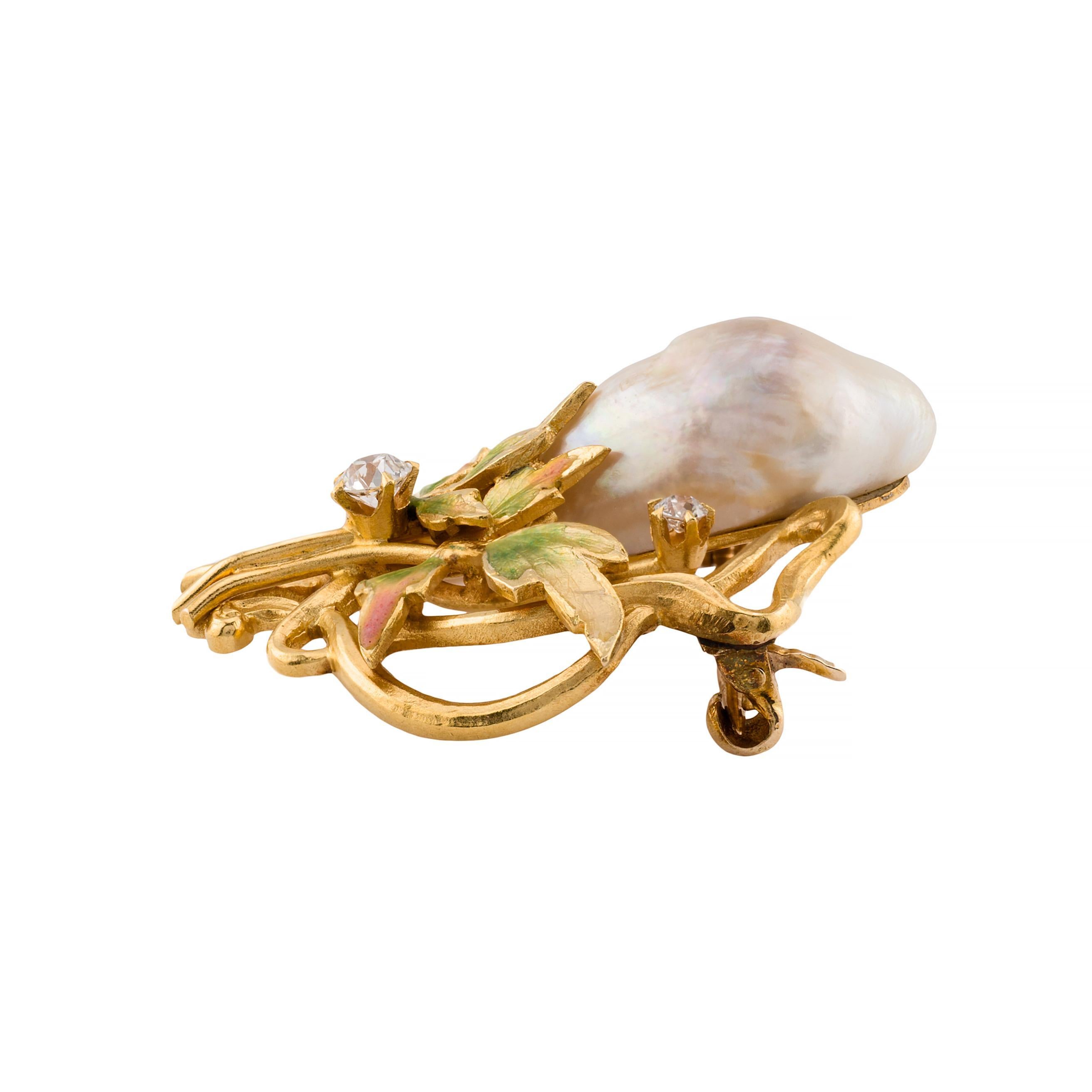 Old Mine Cut Nouveau Natural River Pearl Enamel & Mine Cut Diamond Foliate Motif Brooch