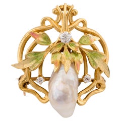 Nouveau Natural River Pearl Enamel & Mine Cut Diamond Foliate Motif Brooch