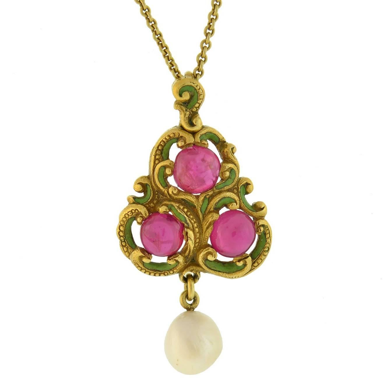Art Nouveau Natural Ruby Pearl Enameled Pendant Necklace