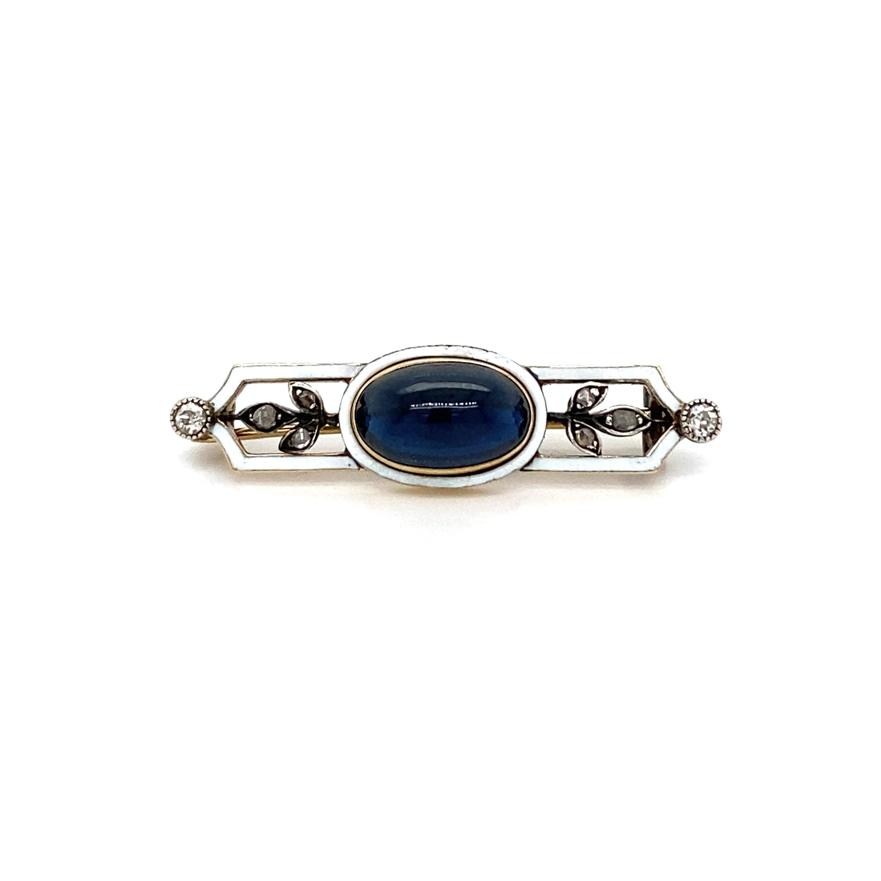 Authentic unusual Art Nouveau Brooch is crafted in 18K rose gold and is adorned with one Large Oval Shape Natural Burma Cabochon Sapphire, 1.50 carats, and adorned of Sparkling Old mine cut diamonds and white enamel with a floral design.
Circa