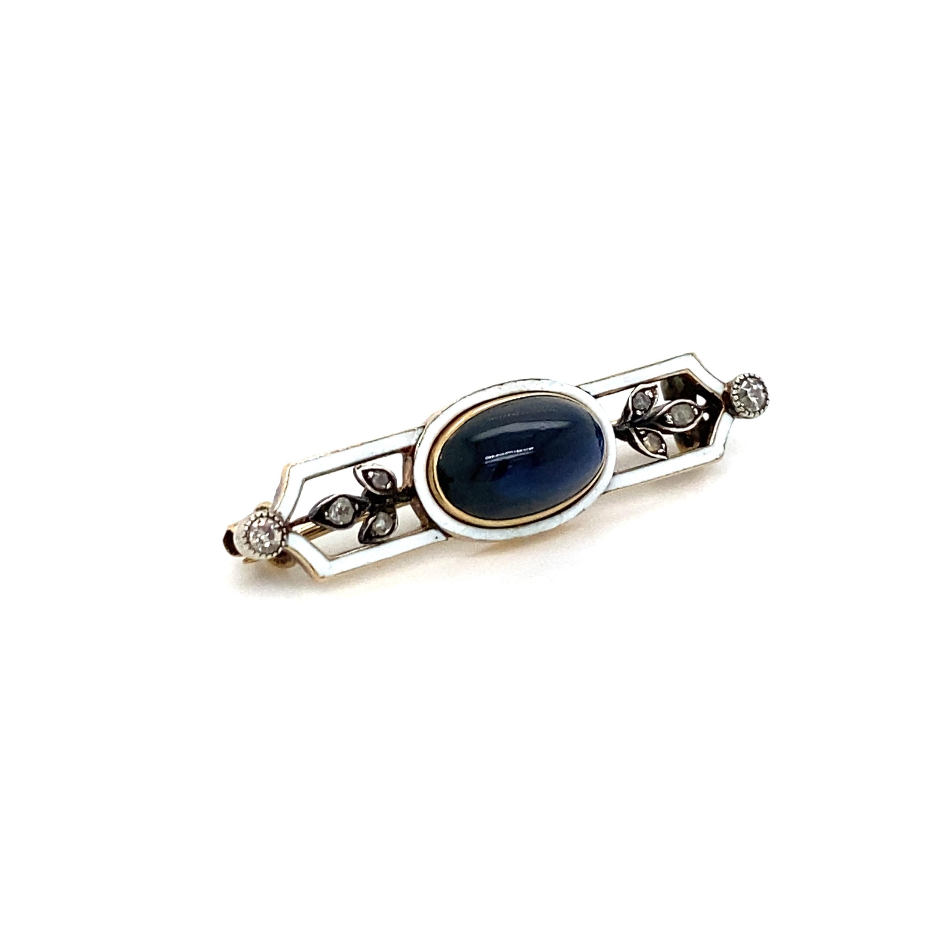 Art Nouveau Natural Sapphire Cabochon Diamond Enamel Brooch In Excellent Condition In Napoli, Italy